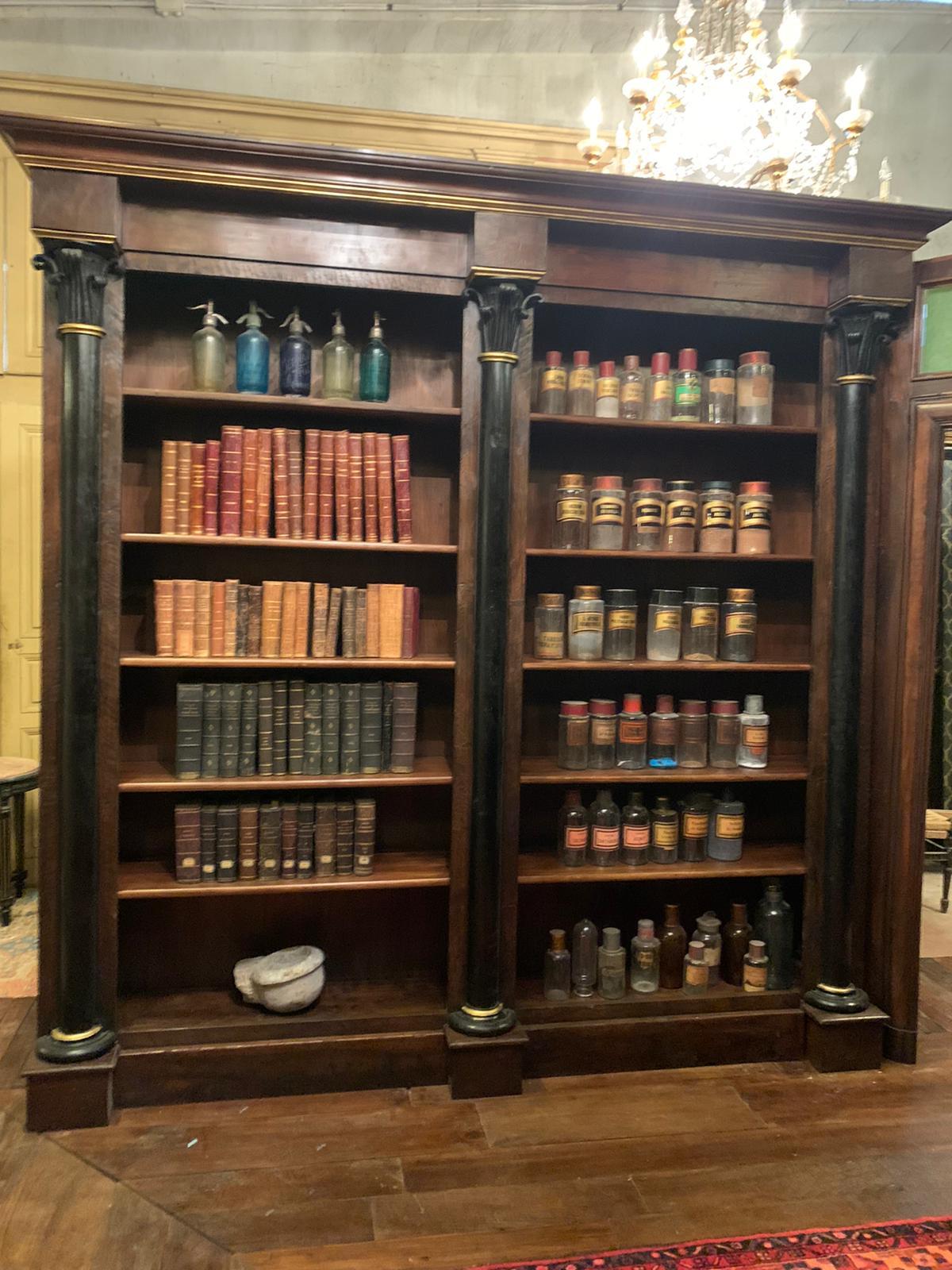 Italian Antique Pharmacy Cabinet, Walnut Bookcases and Glass Doors with Sign, '800 Italy For Sale