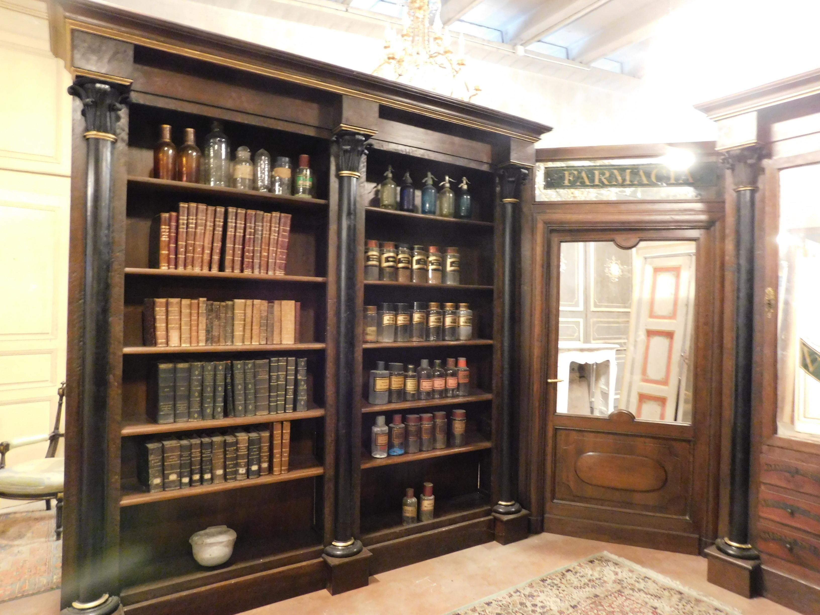 Antique Pharmacy Cabinet, Walnut Bookcases and Glass Doors with Sign, '800 Italy In Good Condition For Sale In Cuneo, Italy (CN)