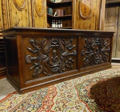 Antique Pharmacy Counter, Walnut Carved with Faces and Aesculapius, '800 Italy
