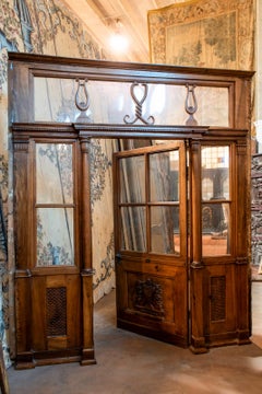 Antique Pharmacy Entrance Glass Door in Carved Walnut, 19th Century, Italy