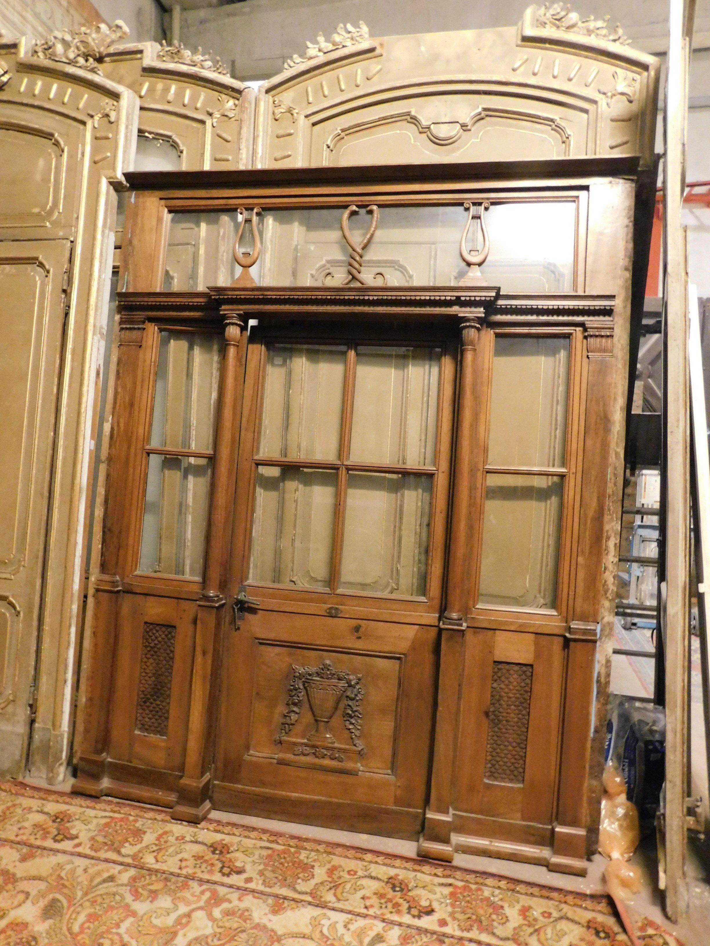 Hand-Carved Antique Pharmacy Entrance Glass Door in Carved Walnut, 19th Century, Italy