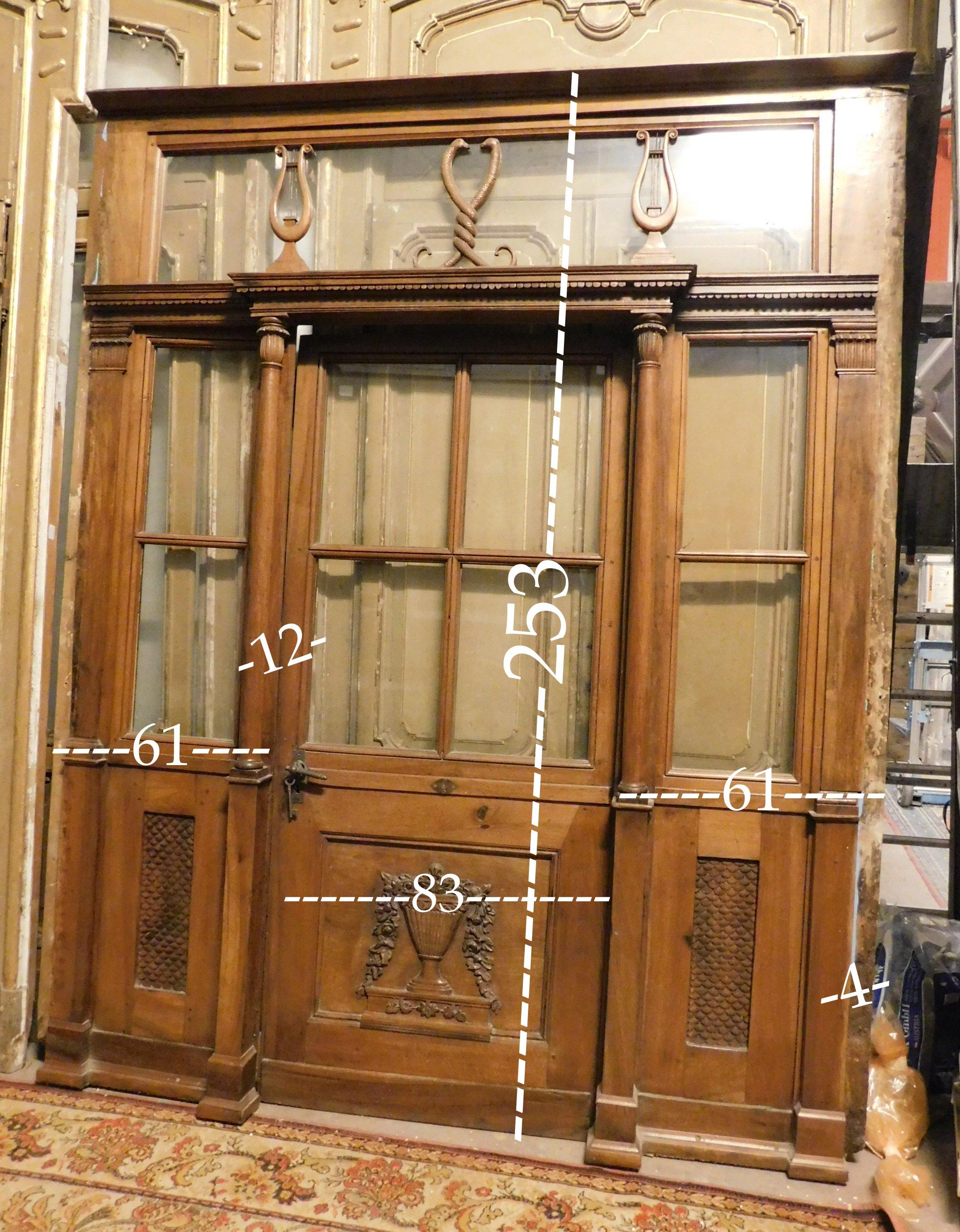 Antique Pharmacy Entrance Glass Door in Carved Walnut, 19th Century, Italy 1