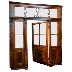 Antique Pharmacy Entrance Glass Door in Carved Walnut, 19th Century, Italy