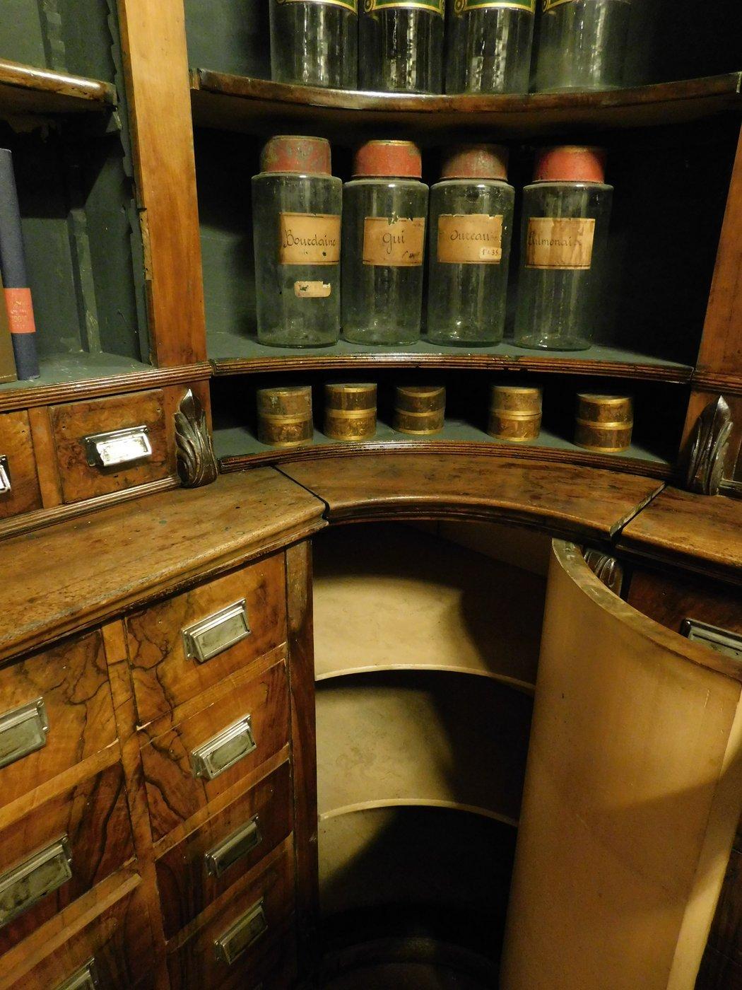 Ancien meuble de pharmacie en noyer avec tiroirs, jour surélevé, bibliothèque, Suisse, 1800 Bon état - En vente à Cuneo, Italy (CN)