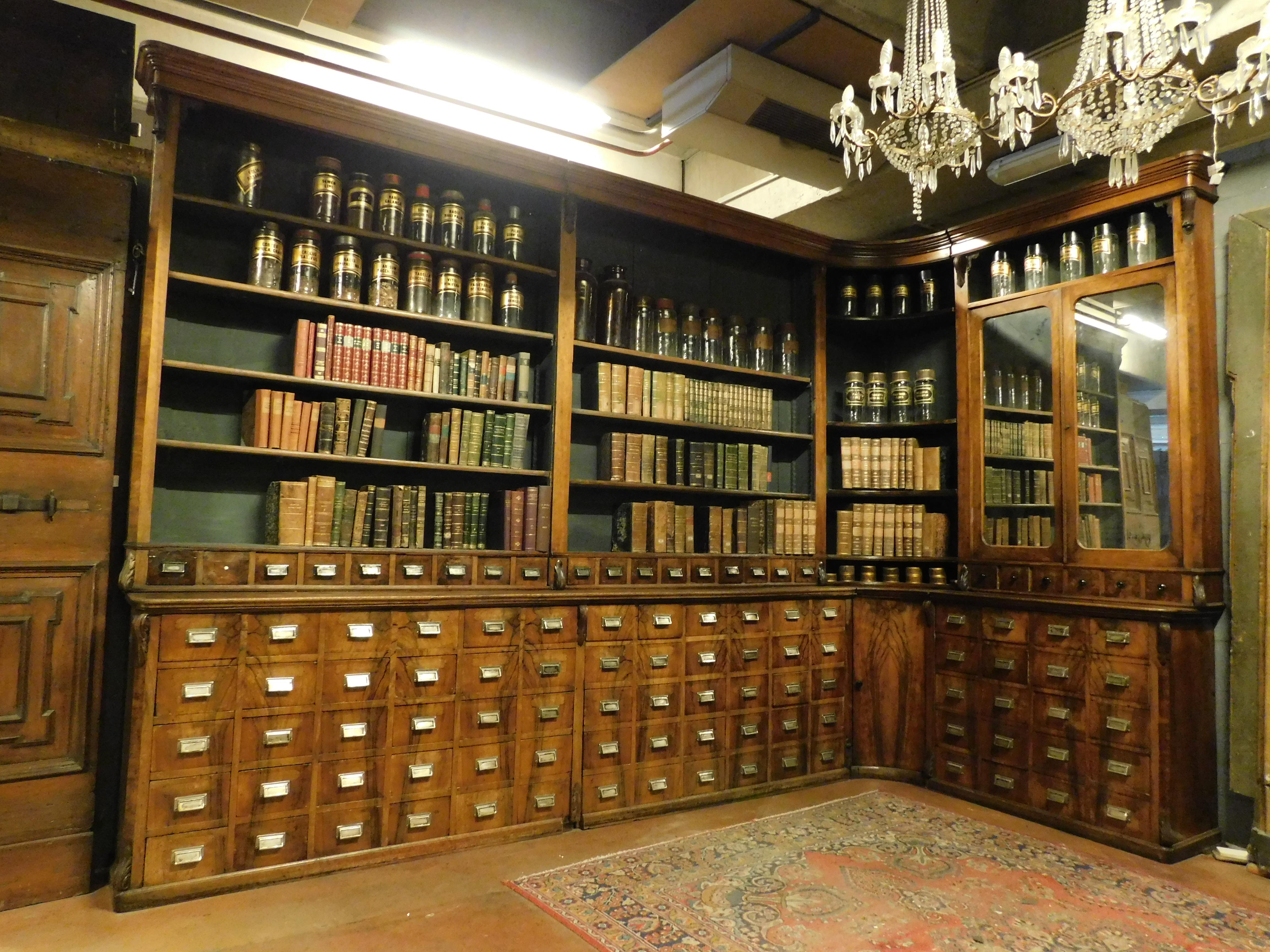 Antique Pharmacy Moble in Walnut with Drawers, Raised Day, Bookcase, Swiss, 1800 In Good Condition For Sale In Cuneo, Italy (CN)