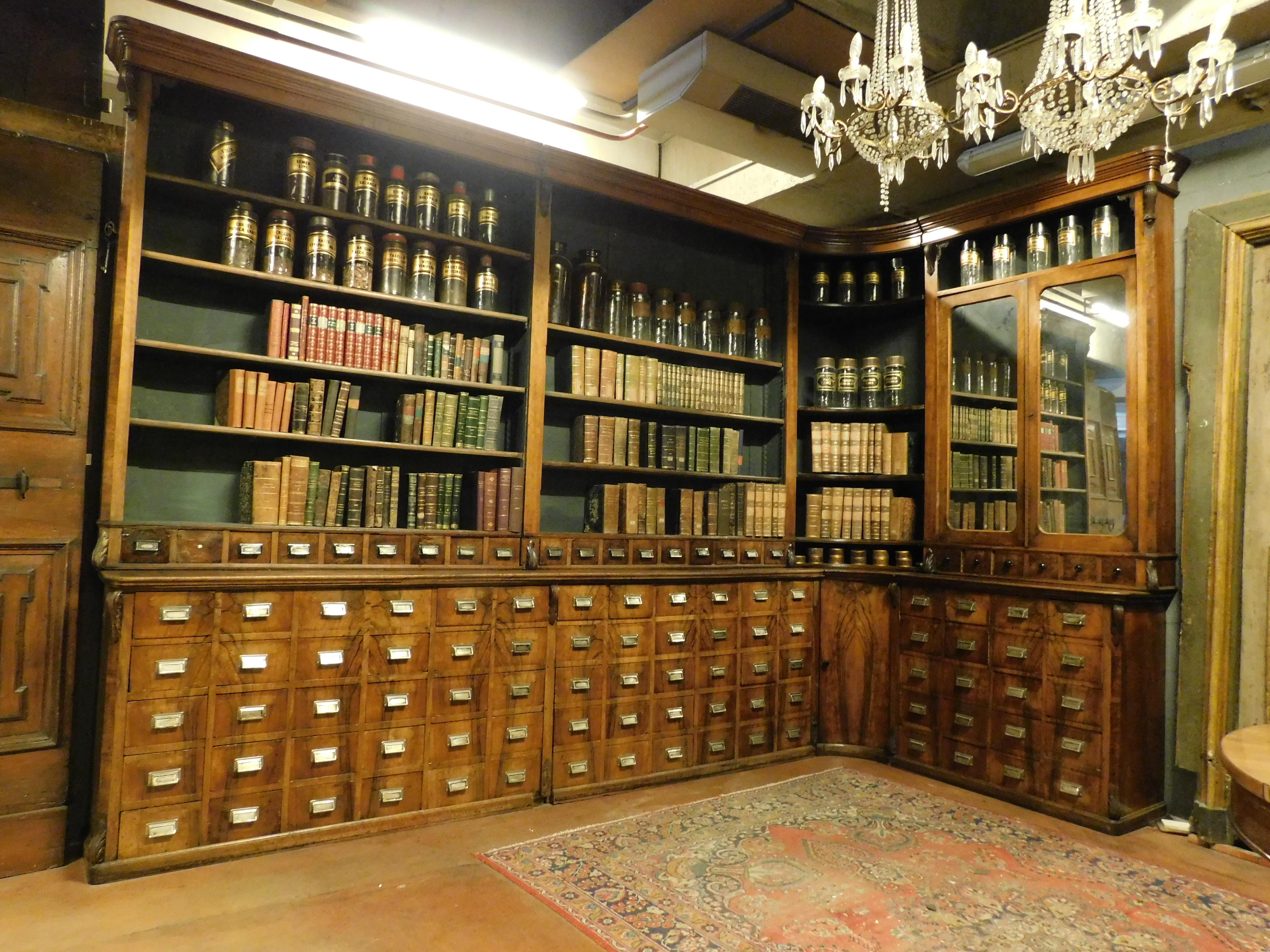 Ancien meuble de pharmacie ancien en noyer avec tiroirs, jour relevé, bibliothèque, suisse, 1800 Bon état - En vente à Cuneo, Italy (CN)