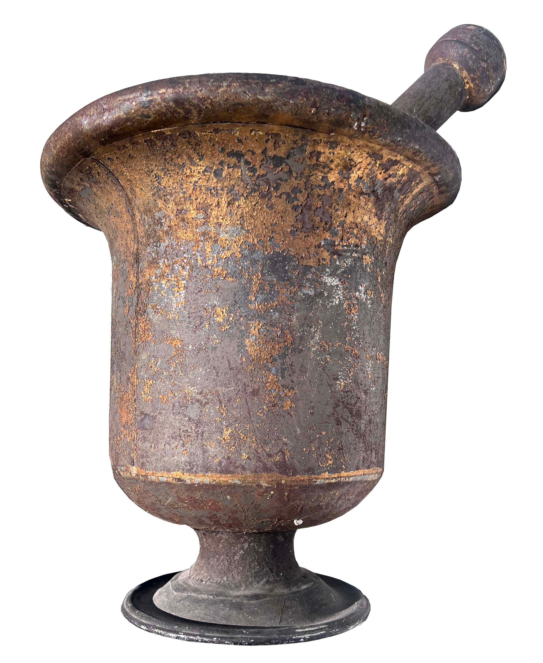 Metal antique pharmacy sign mortar and pestle For Sale