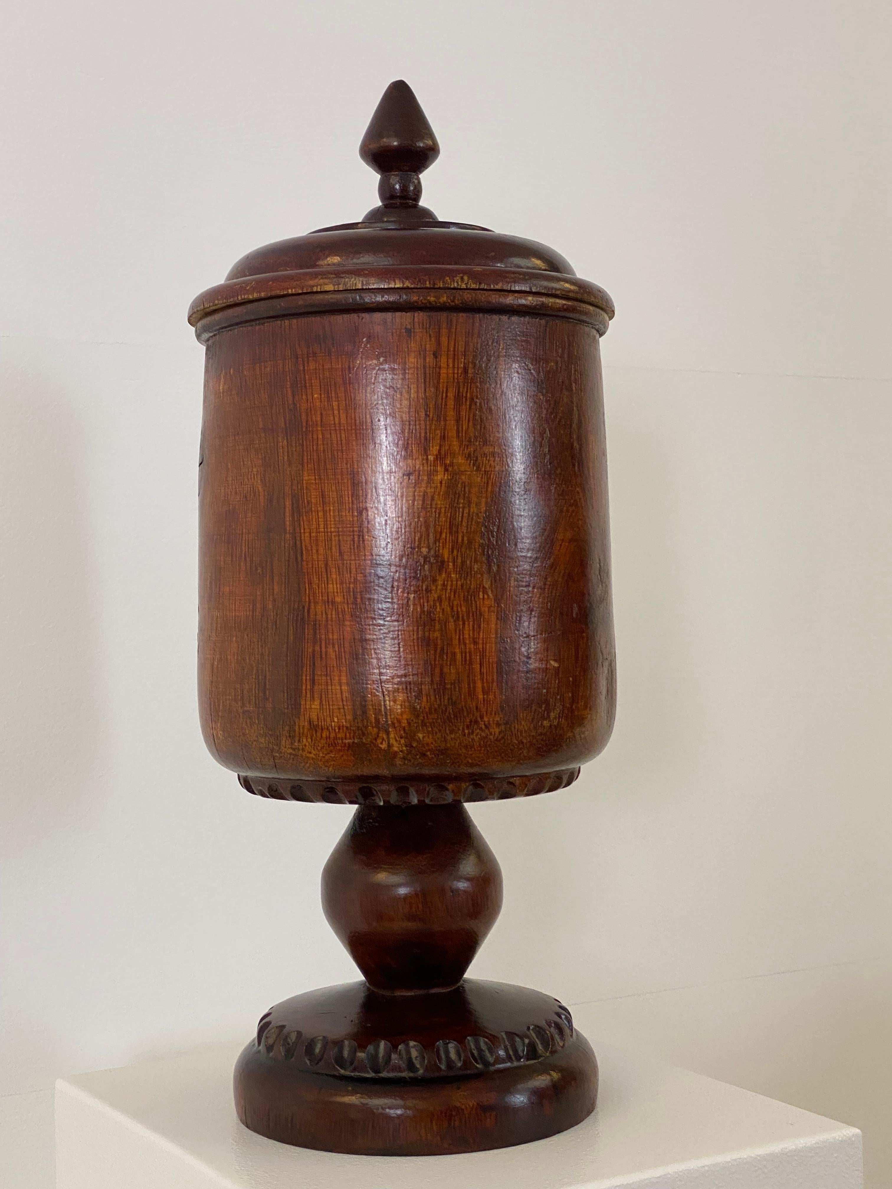 Patinated Antique Pharmacy Wooden Pot with Cover For Sale