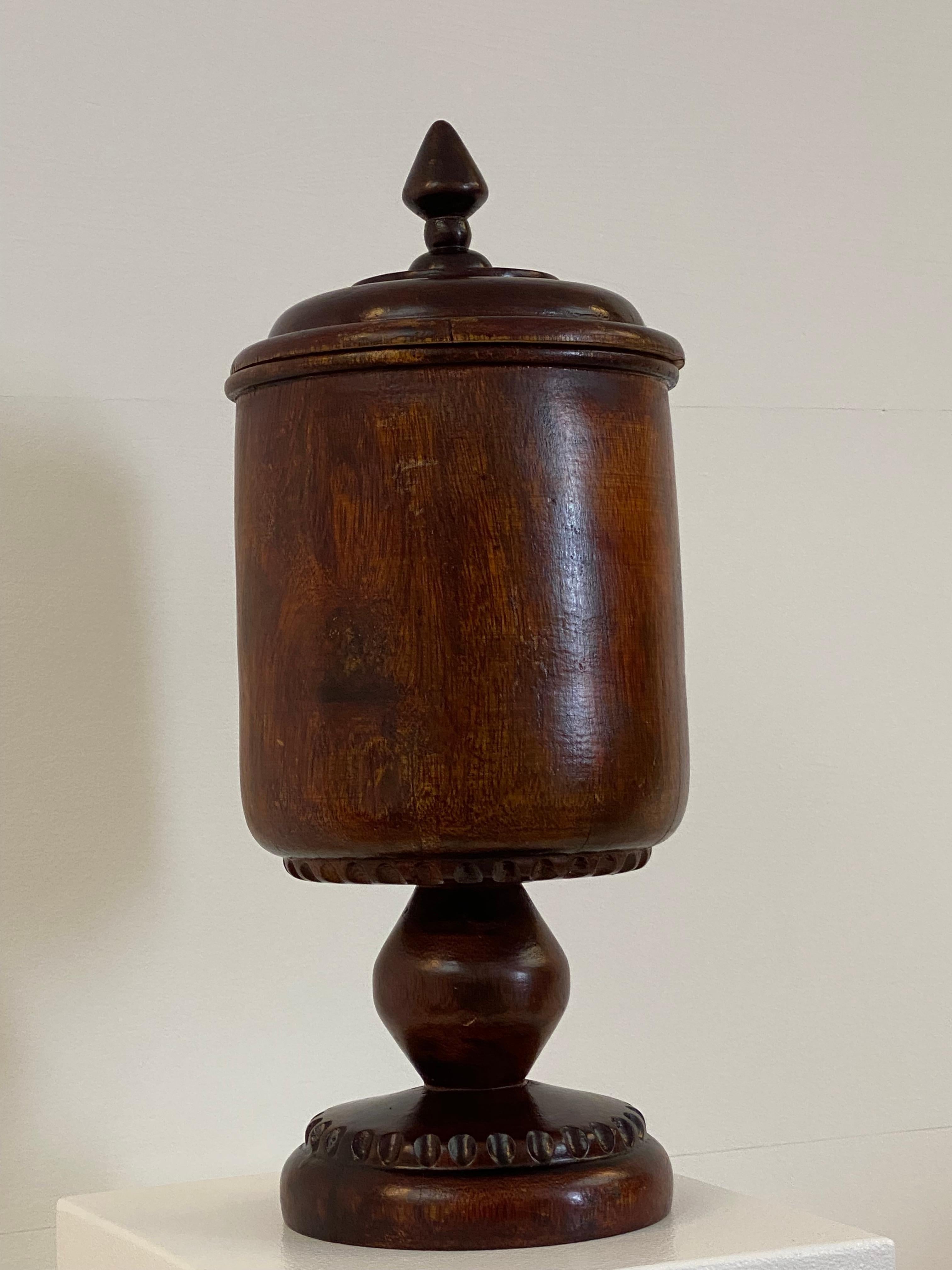 Antique Pharmacy Wooden Pot with Cover For Sale 1