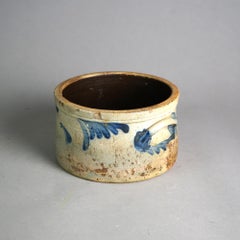 Antique Philadelphia Blue Floral Decorated Stoneware Cake Crock Circa 1870