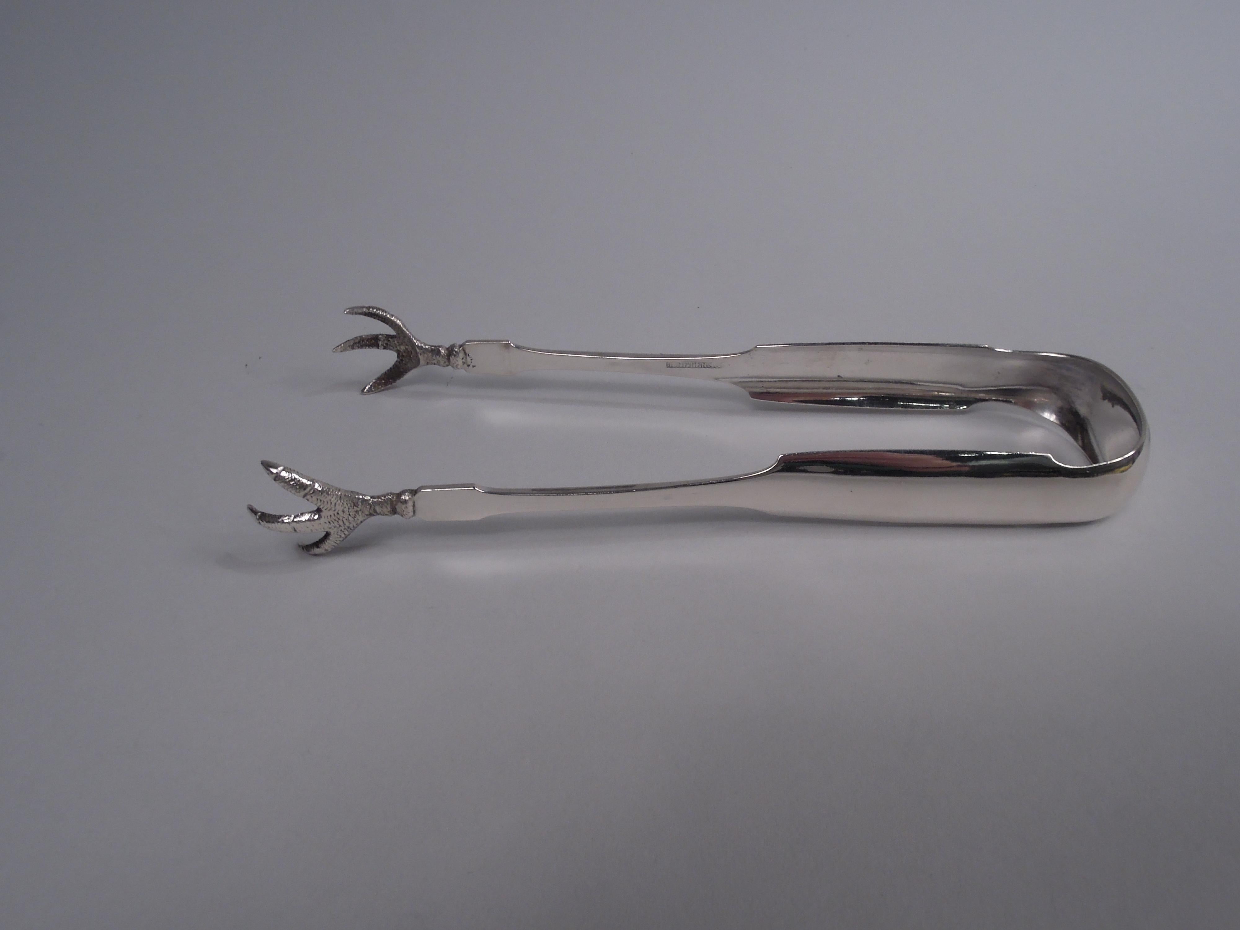 Federal coin silver ice tongs, ca 1830. U-form with cast talon jaws. Marked “J. Peters & Co.”, for James Peters & Co., a Philadelphia silversmith active in the early years of the Republic. Weight: 1.7 troy ounces.  