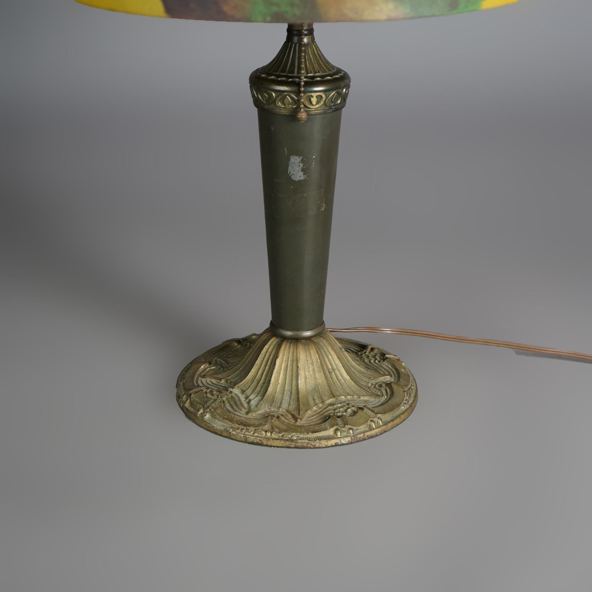 Arts and Crafts Antique Phoenix Reverse Painted Landscape Shade & Bronzed Base, c1920 For Sale