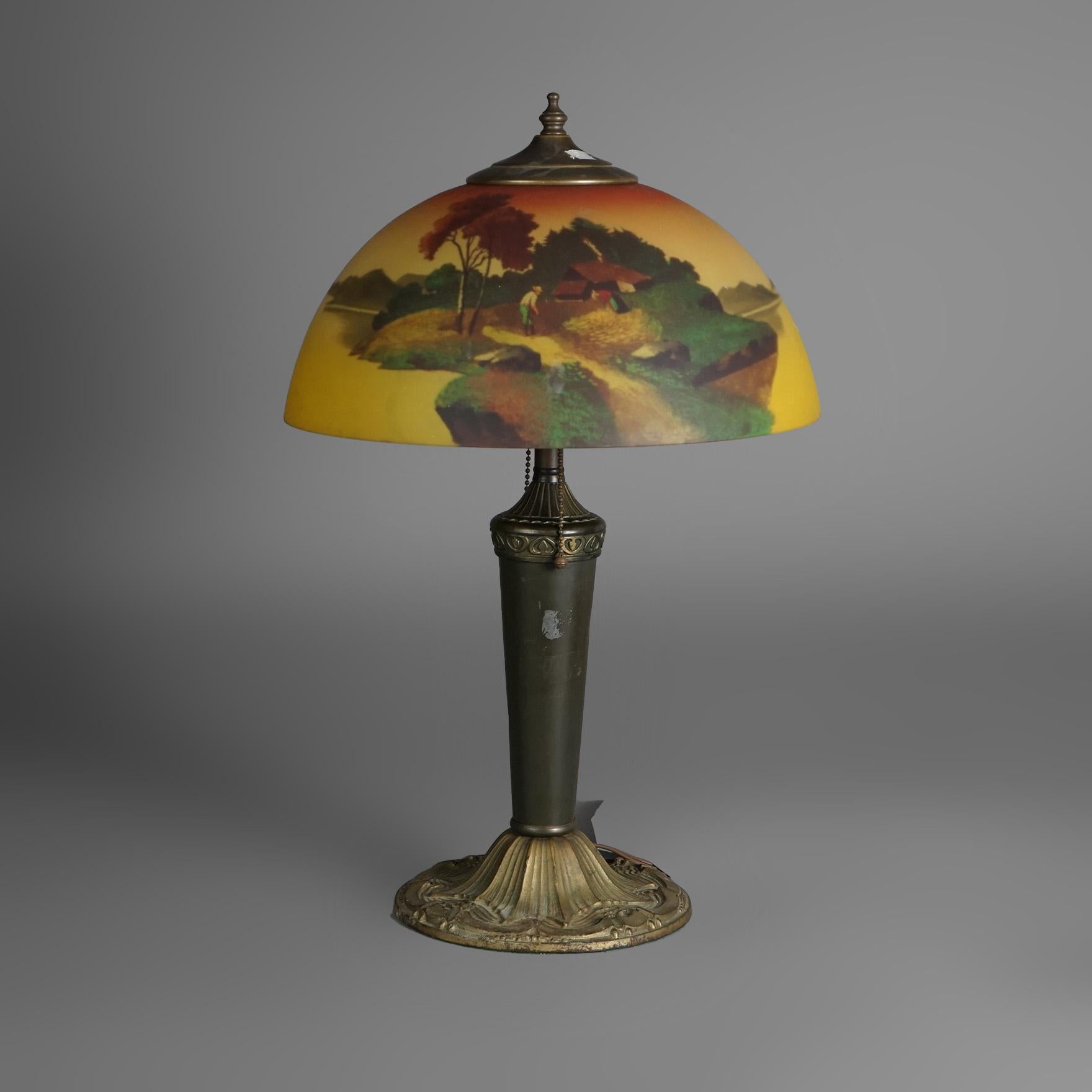 Antique Phoenix Reverse Painted Landscape Shade & Bronzed Base, c1920 In Good Condition For Sale In Big Flats, NY