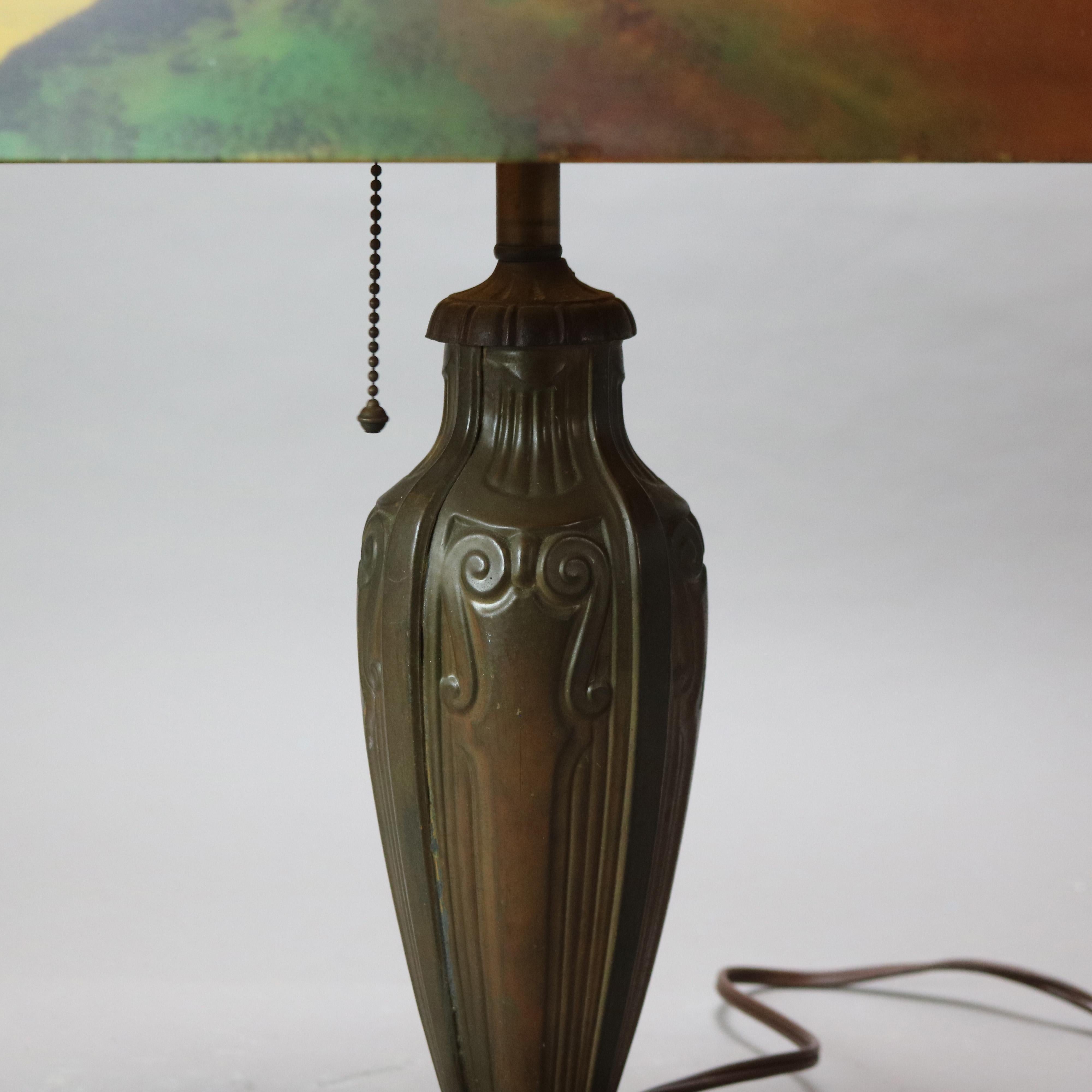 American Antique Phoenix Reverse Painted Table Lamp with Landscape Scene C1920