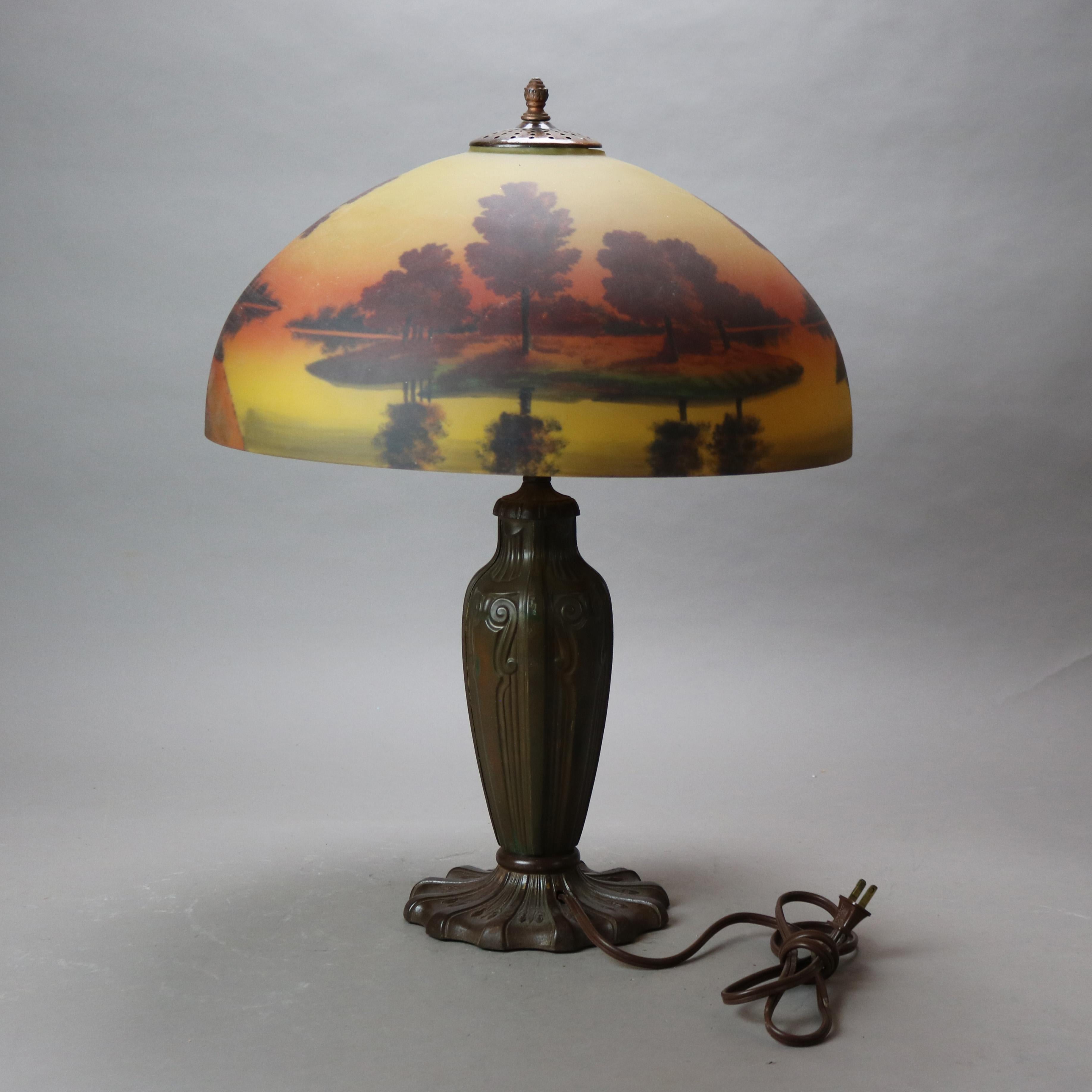 20th Century Antique Phoenix Reverse Painted Table Lamp with Landscape Scene C1920