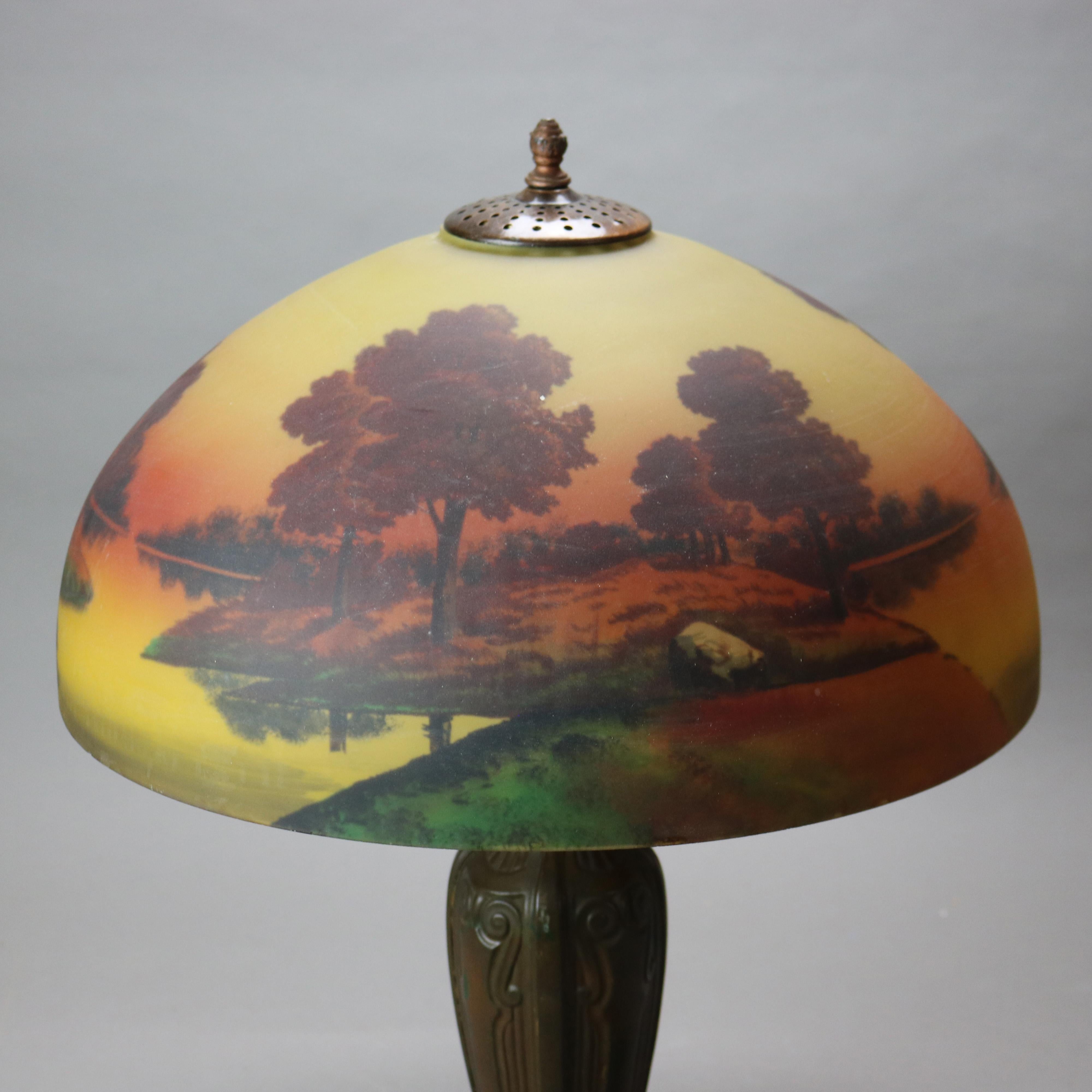 Glass Antique Phoenix Reverse Painted Table Lamp with Landscape Scene C1920