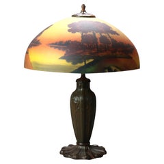 Antique Phoenix Reverse Painted Table Lamp with Landscape Scene C1920