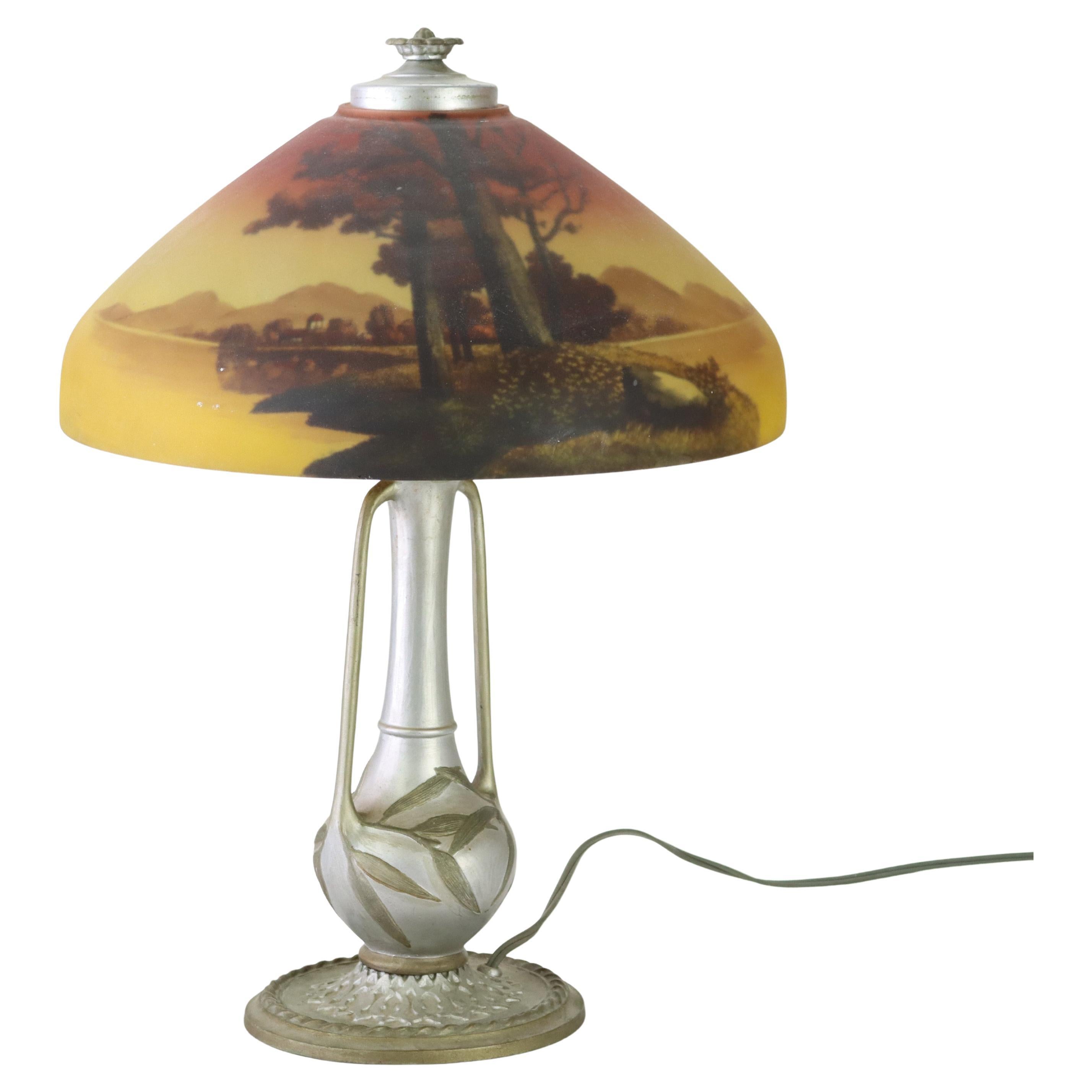 Antique Phoenix Reverse Painted Table Lamp With Landscape Scene c1920