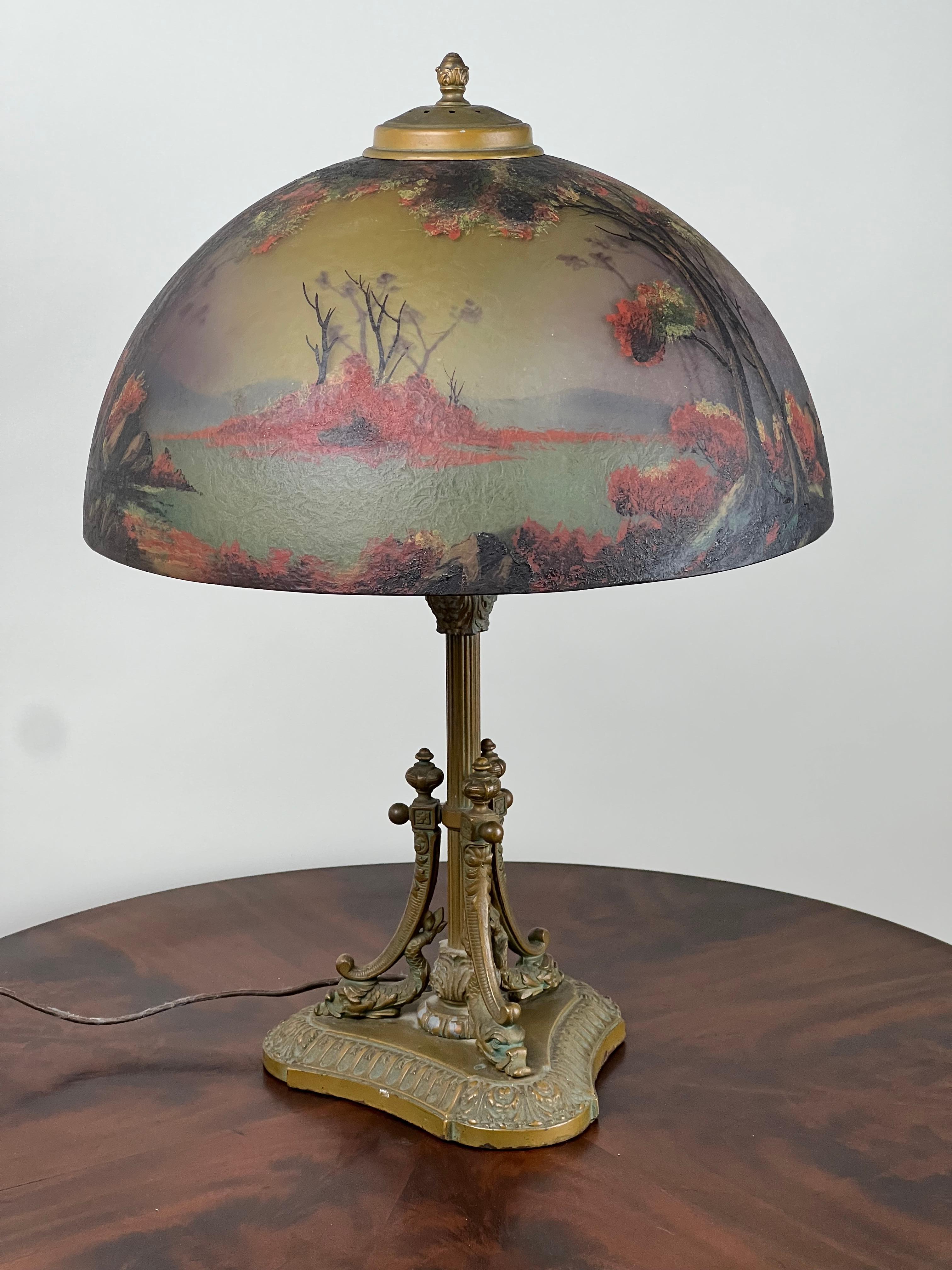 American Antique Phoenix School Arts and Crafts Reverse Painted Lamp c. 1920 For Sale