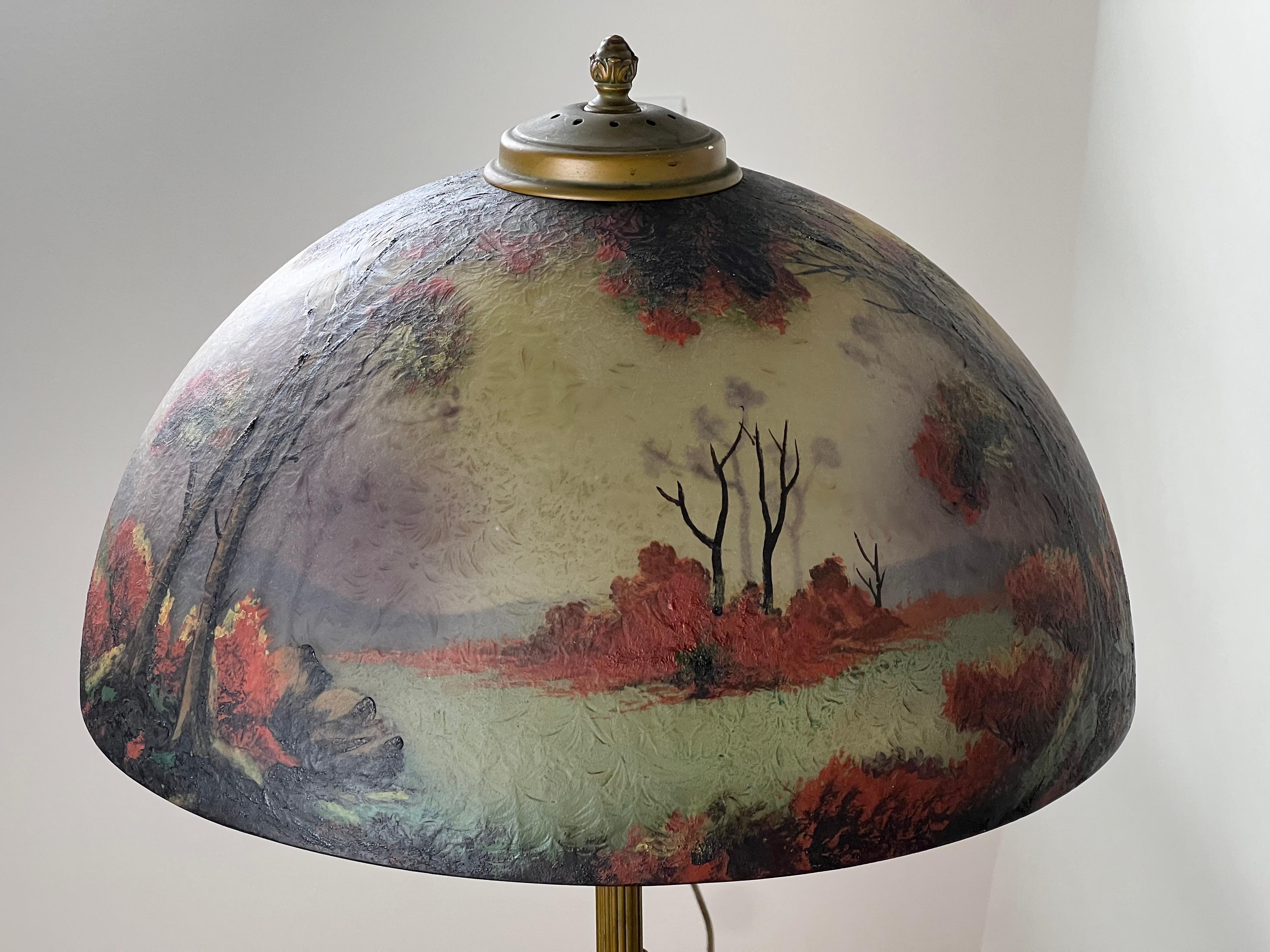 Brass Antique Phoenix School Arts and Crafts Reverse Painted Lamp c. 1920 For Sale