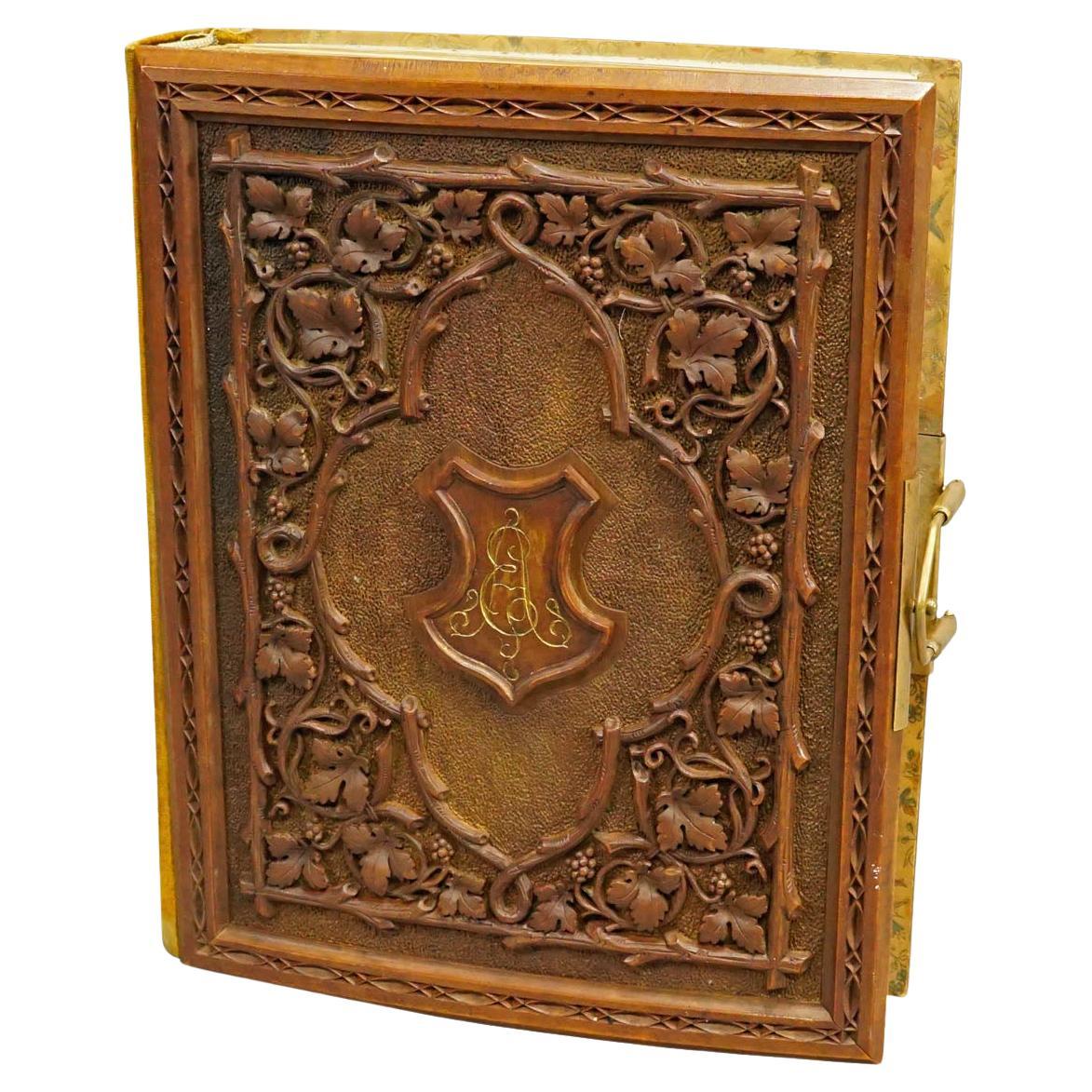 Antique Photo Album with Wooden Carved Cover, Brienz ca. 1900 For Sale