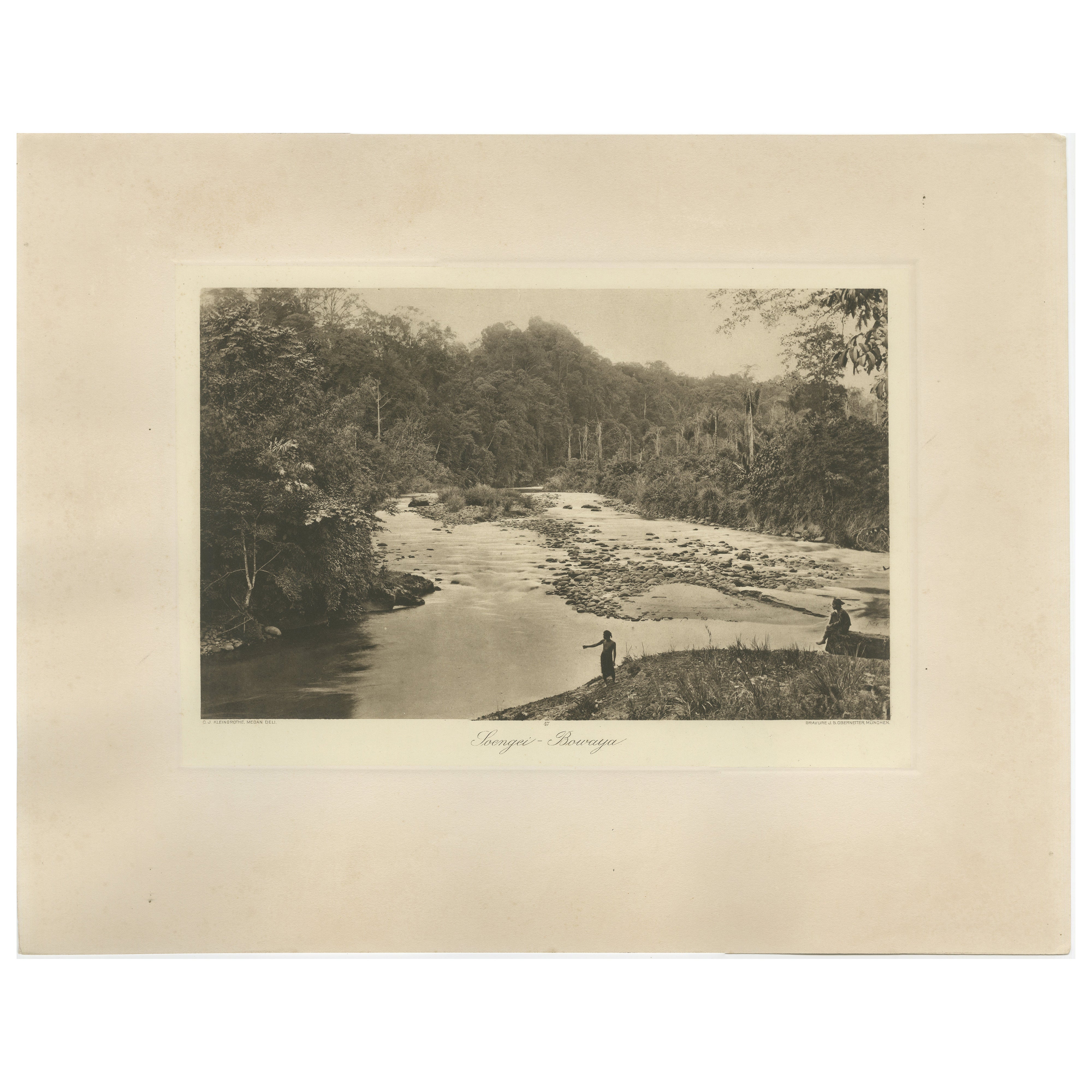 Gravure photographique ancienne de la rivière Soengei Boewaya, Sumatra, Indonésie, 1910