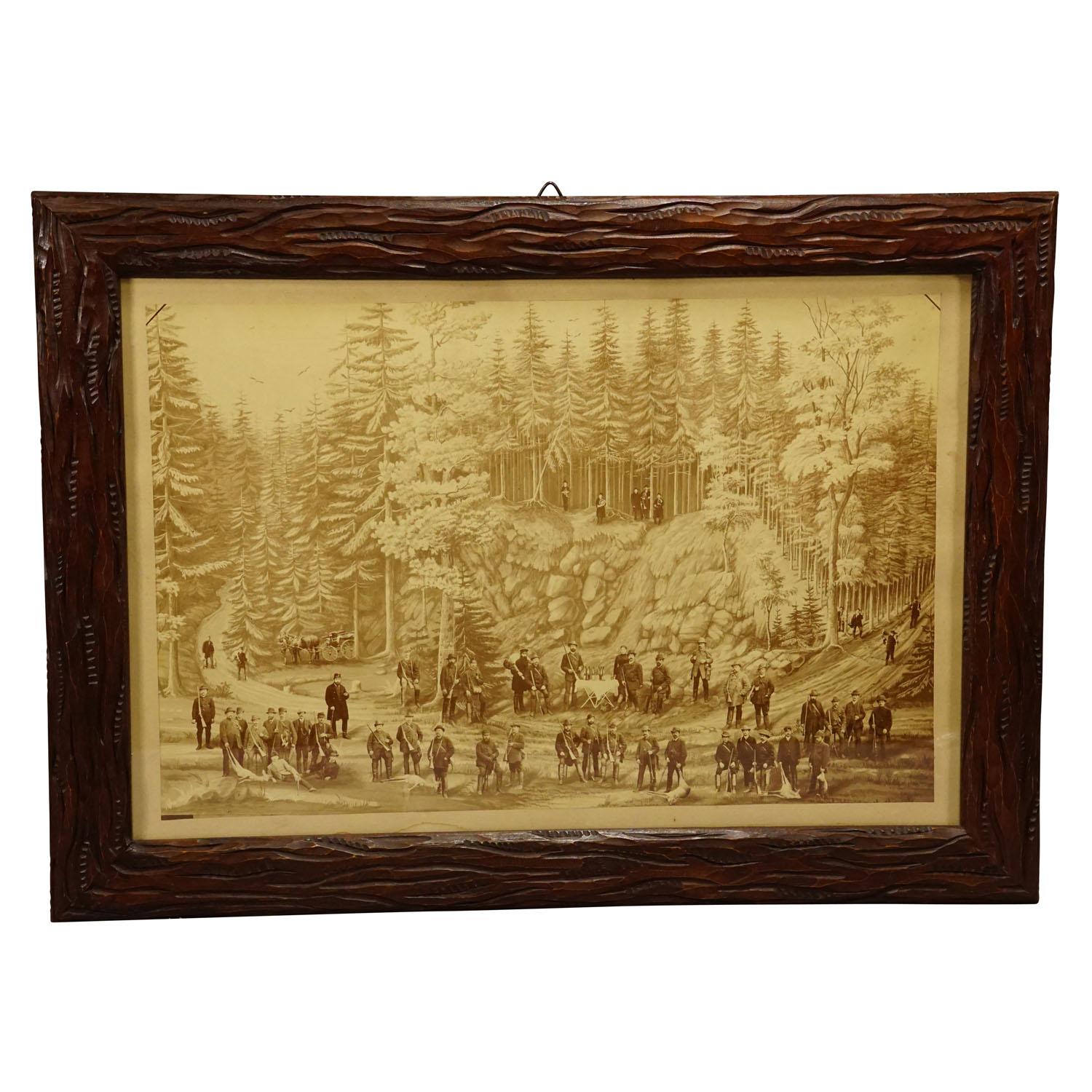 Antique Photo Print Collage with Hunt Company and Game in the Forest

An antique collage of several victorian hunters in a forest. Made with a painted forest als background where several cut out fotos of hunters where placed. The so created collage