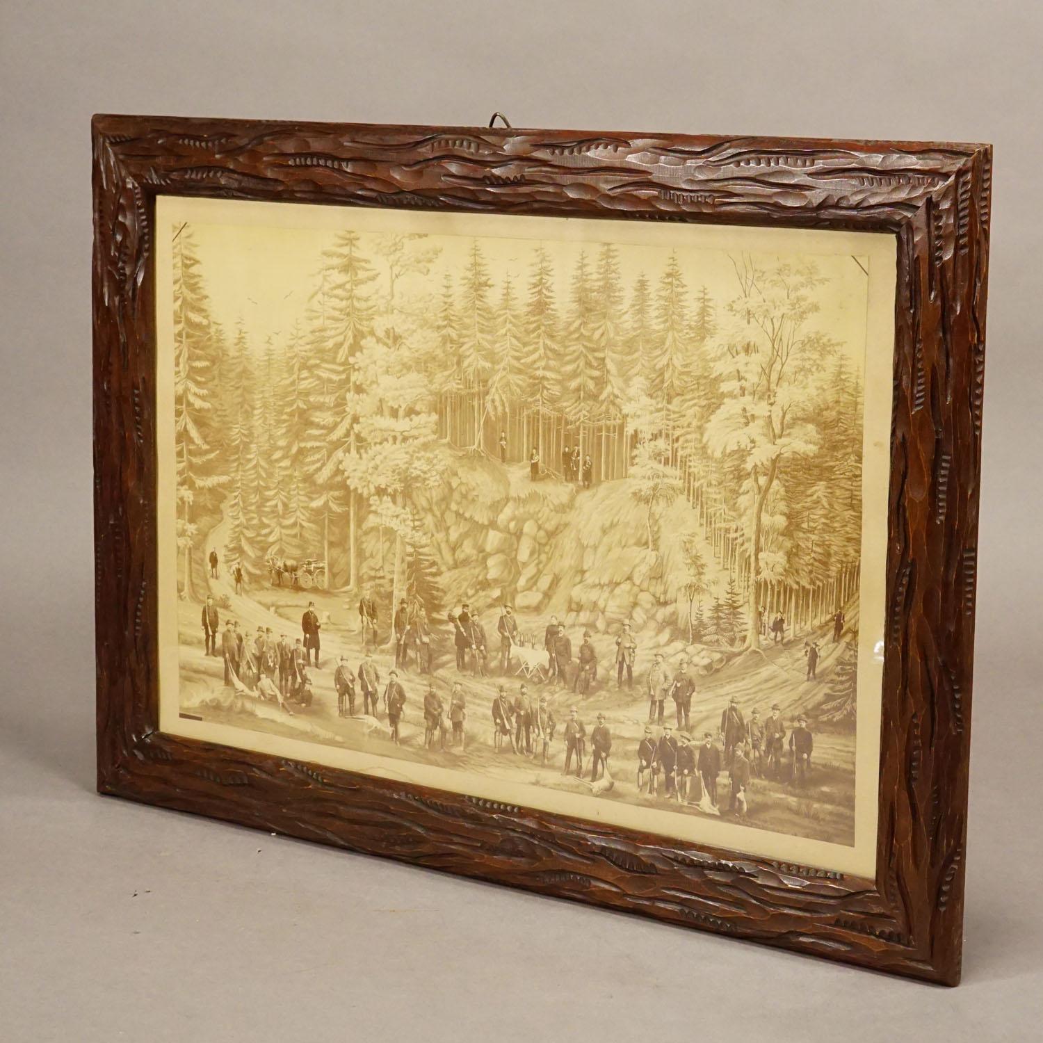 Antike Fotodruck-Collage mit Jagdgesellschaft und Spiel im Wald (Holz) im Angebot