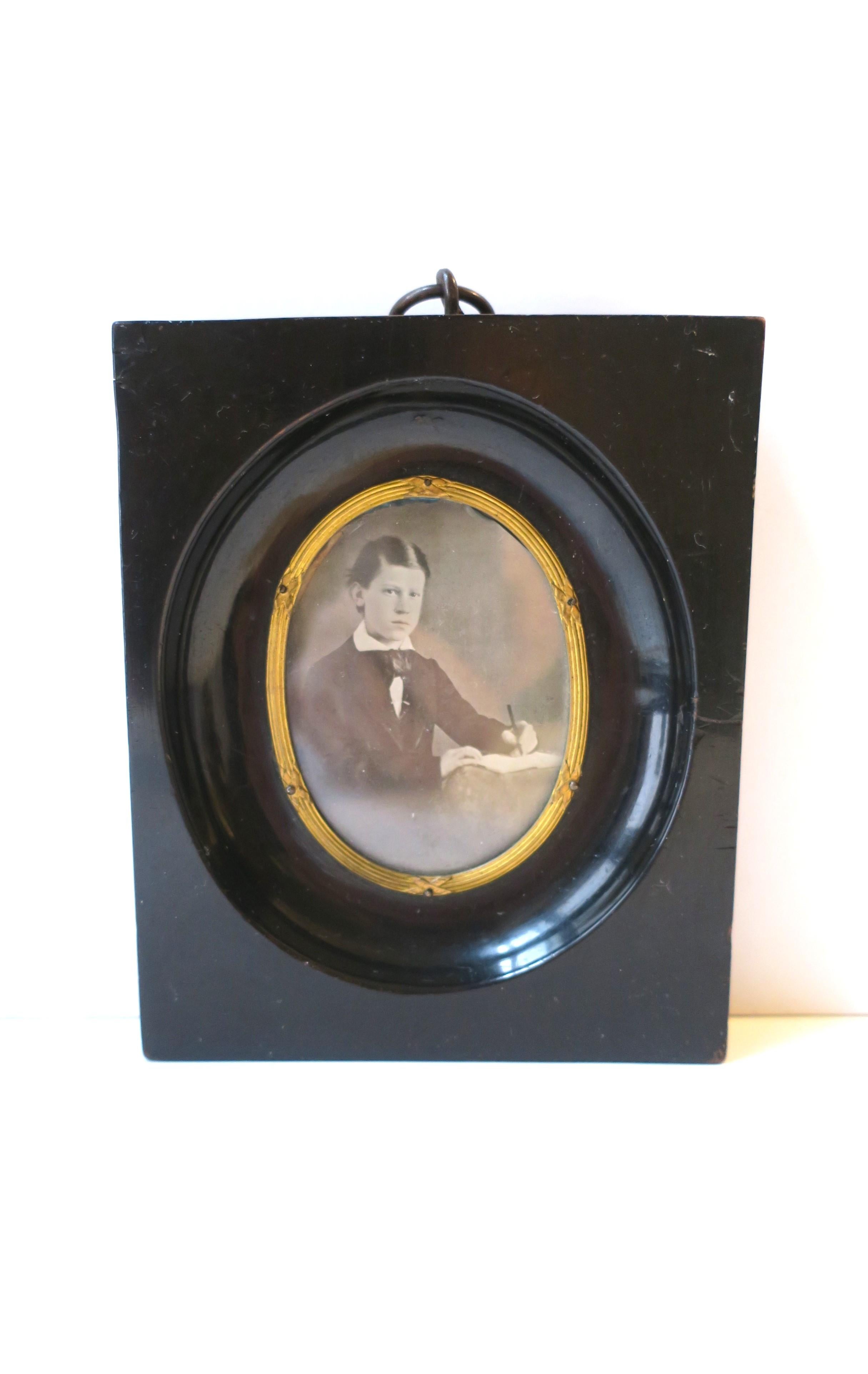 European Antique Photograph of Young Man Ebonized Wood Gold Gilt Bronze Picture Frame For Sale