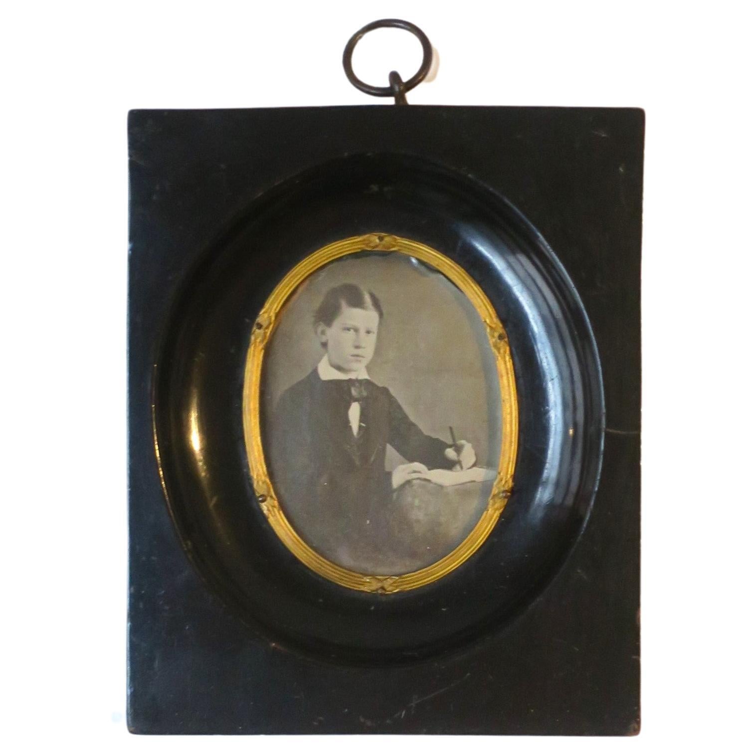 Antique Photograph of Young Man Ebonized Wood Gold Gilt Bronze Picture Frame For Sale