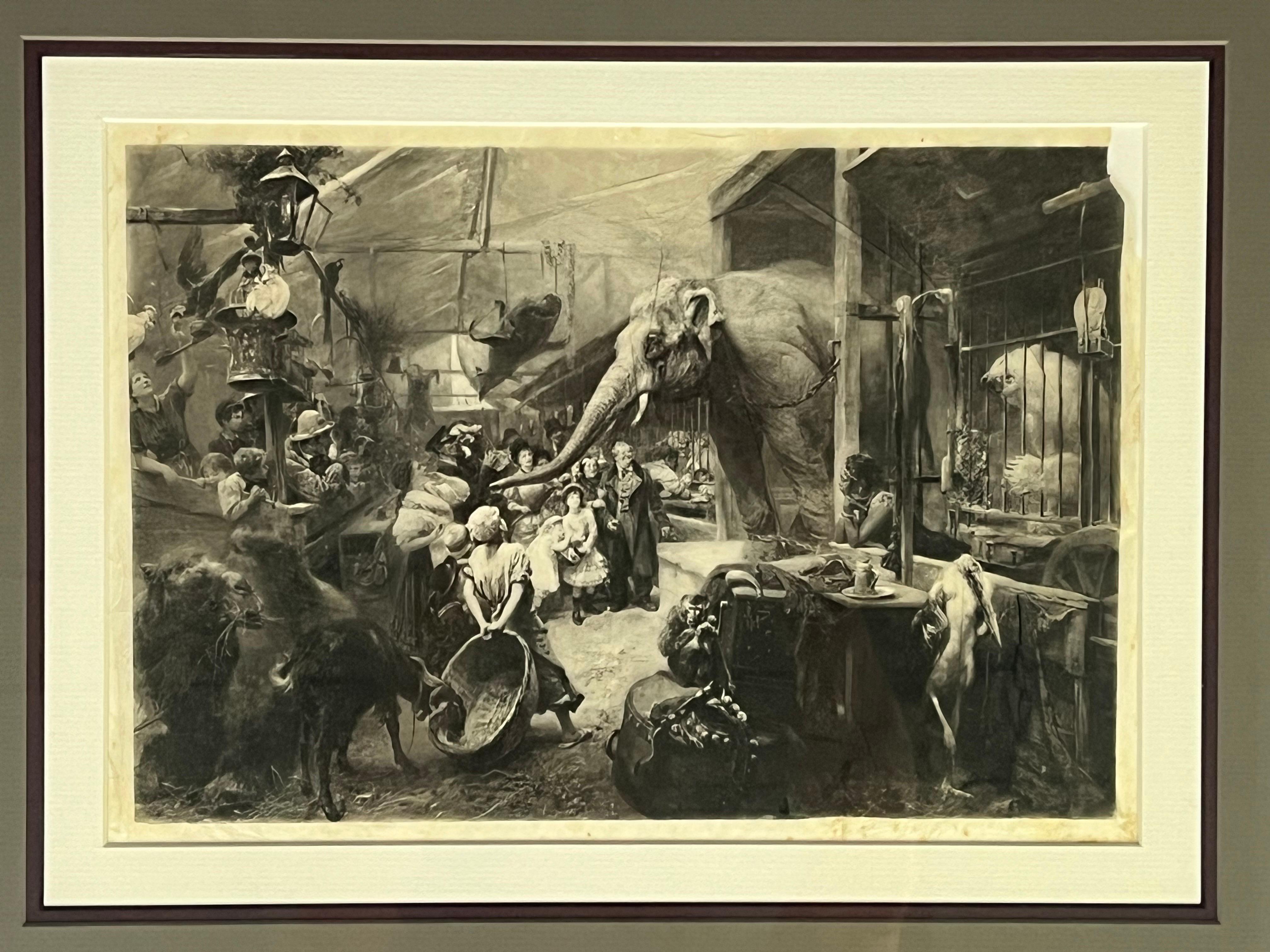 An antique photogravure print of the painting Tierbude by German artist Paul Friedrich Meyerheim (1842 - 1915). A Tierbude is a German traveling menagerie, a hybrid of circus and zoo. Such “shows” sometimes included taxidermy exhibits. See the shark