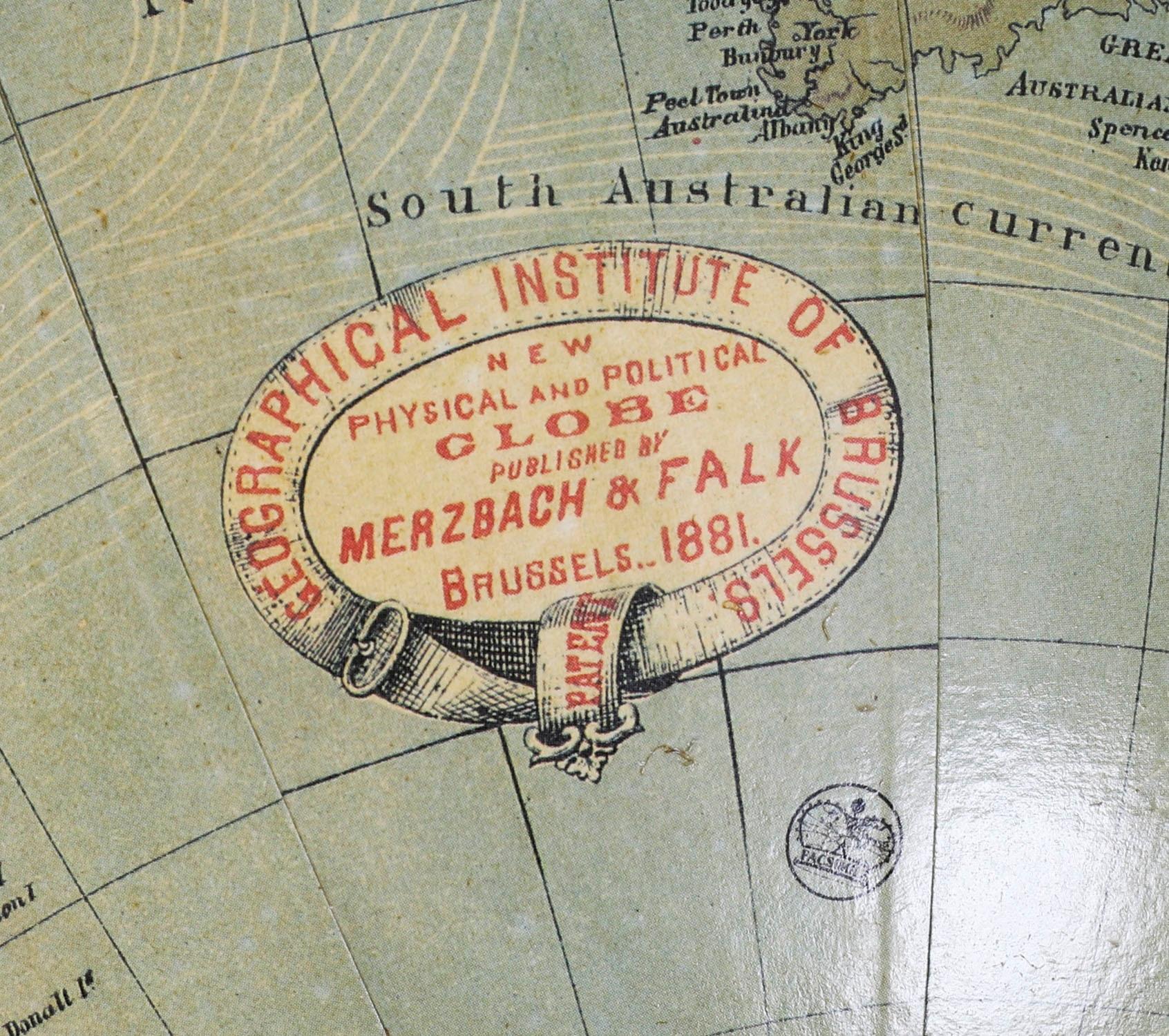 Antique Physical and Political Library Globe Merzbach & Falk Brussels Dated 1881 For Sale 6