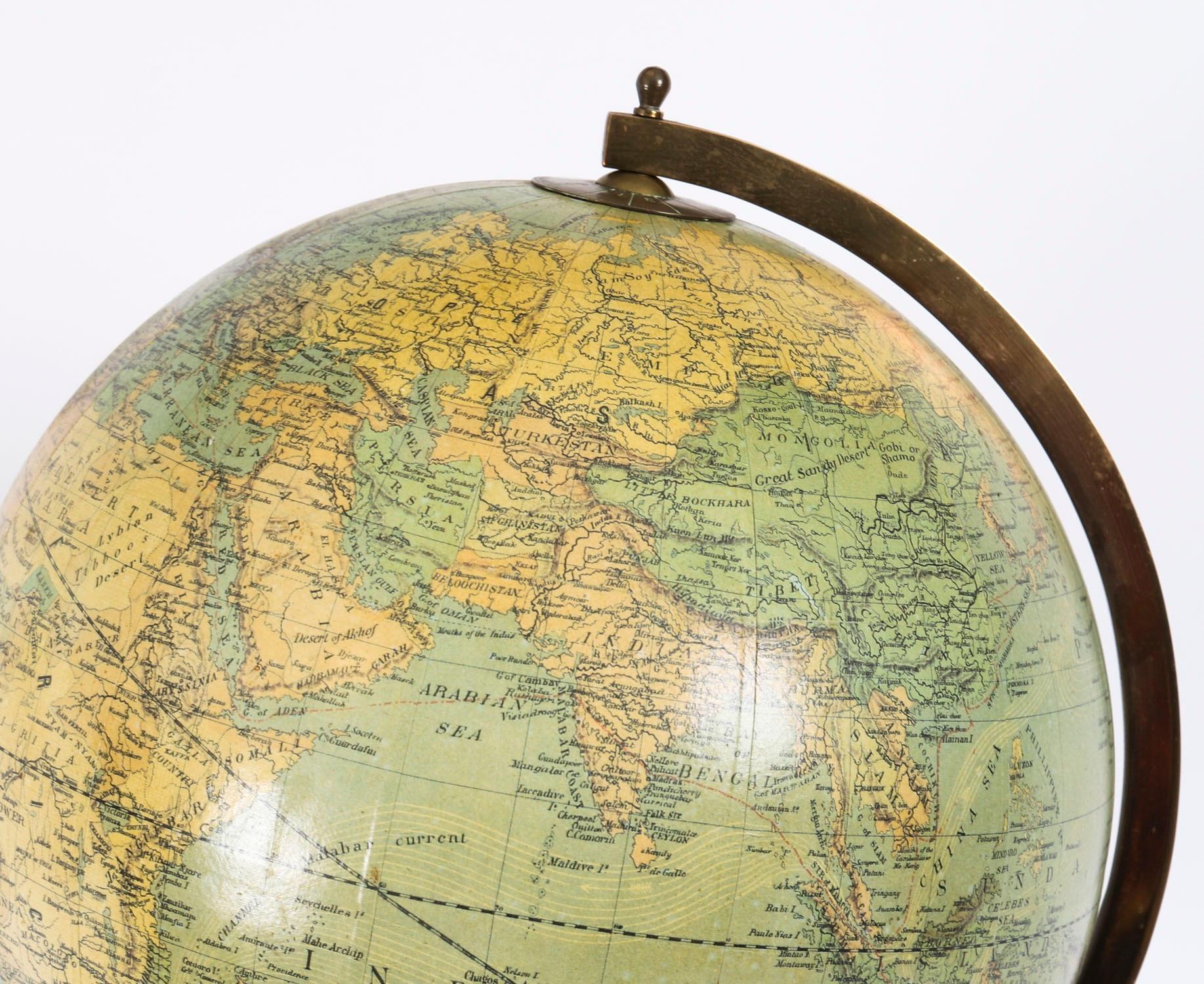 Late 19th Century Antique Physical and Political Library Globe Merzbach & Falk Brussels Dated 1881 For Sale