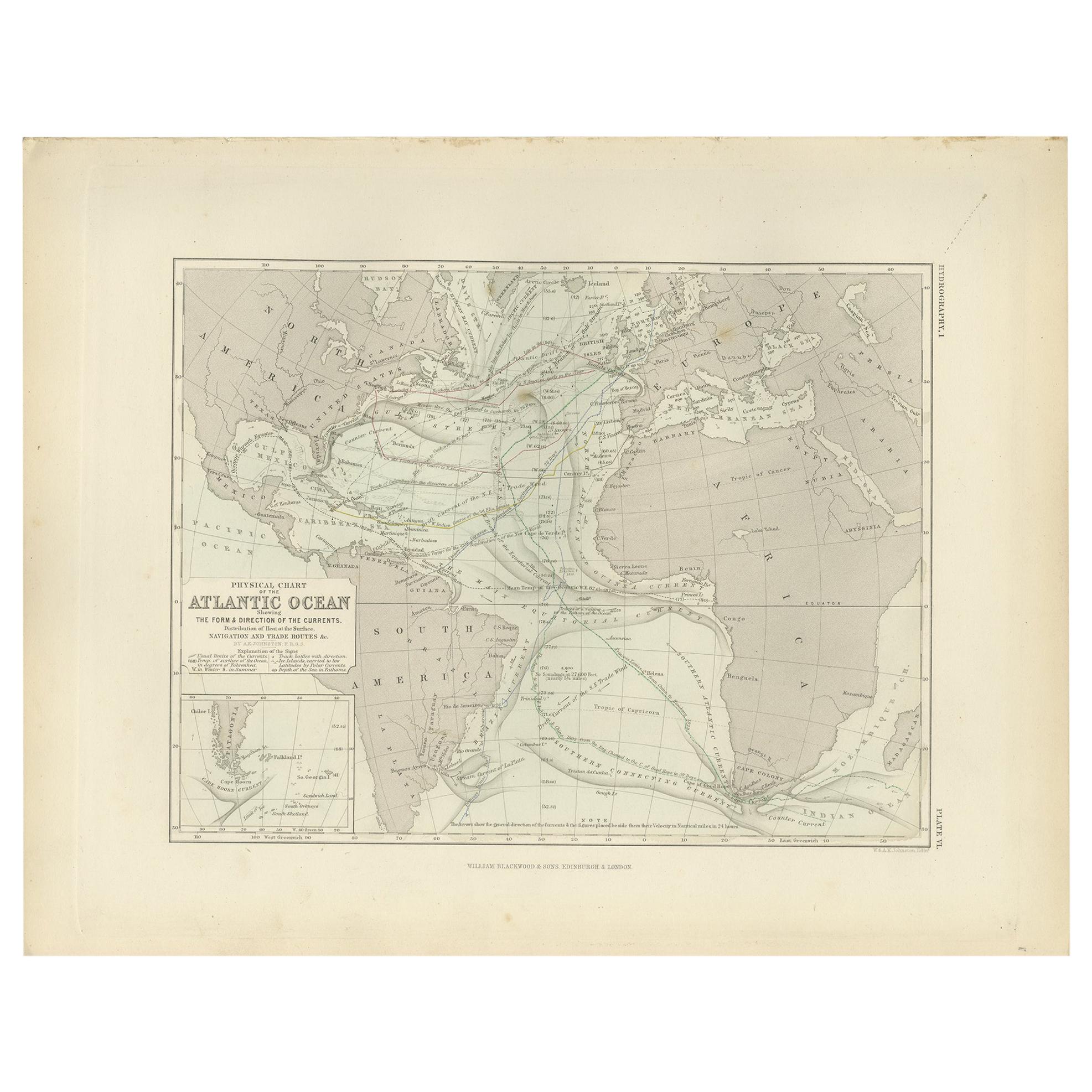 Carte physique ancienne de l'océan Atlantique par Johnston '1850'