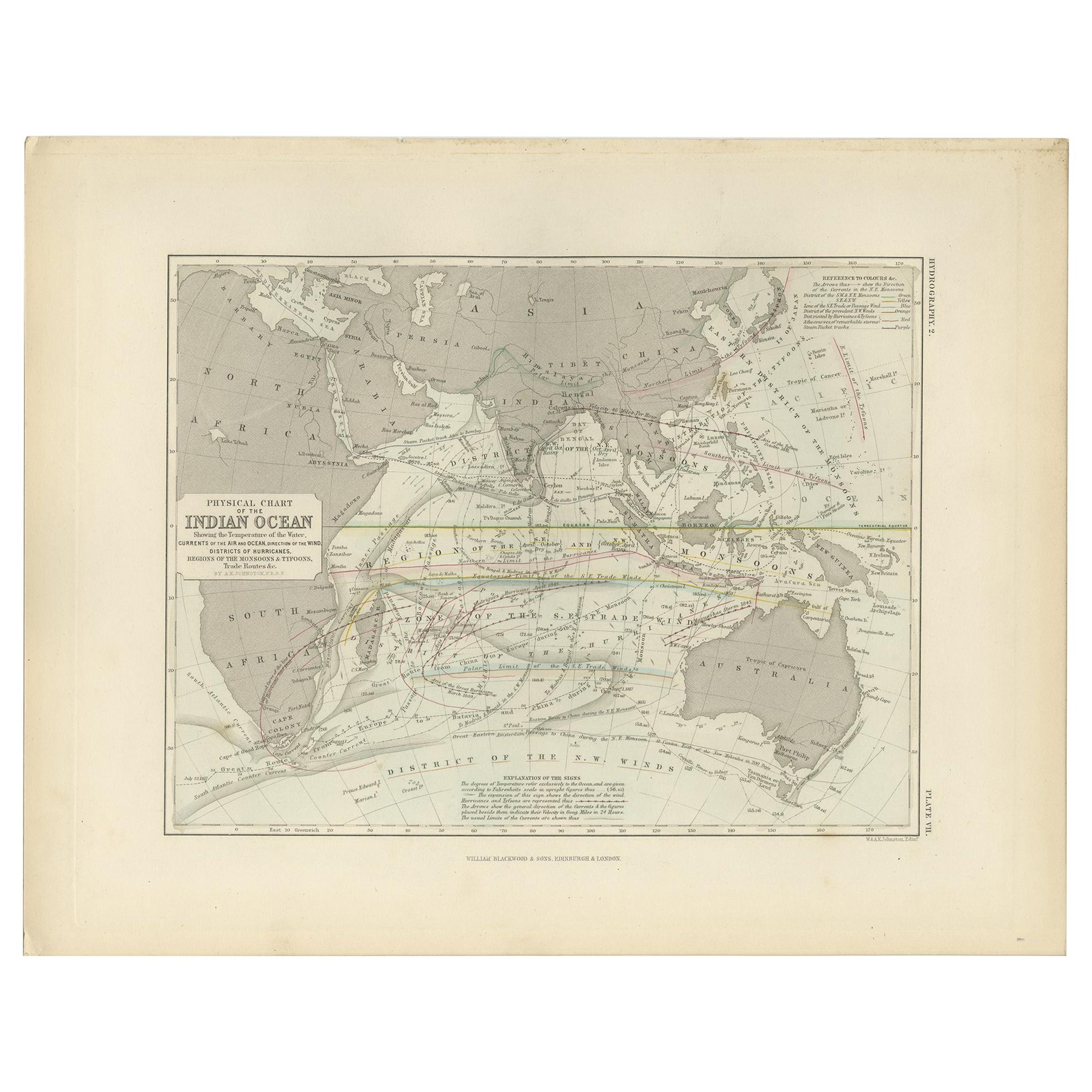 Antique Physical Chart of the Indian Ocean by Johnston '1850' For Sale
