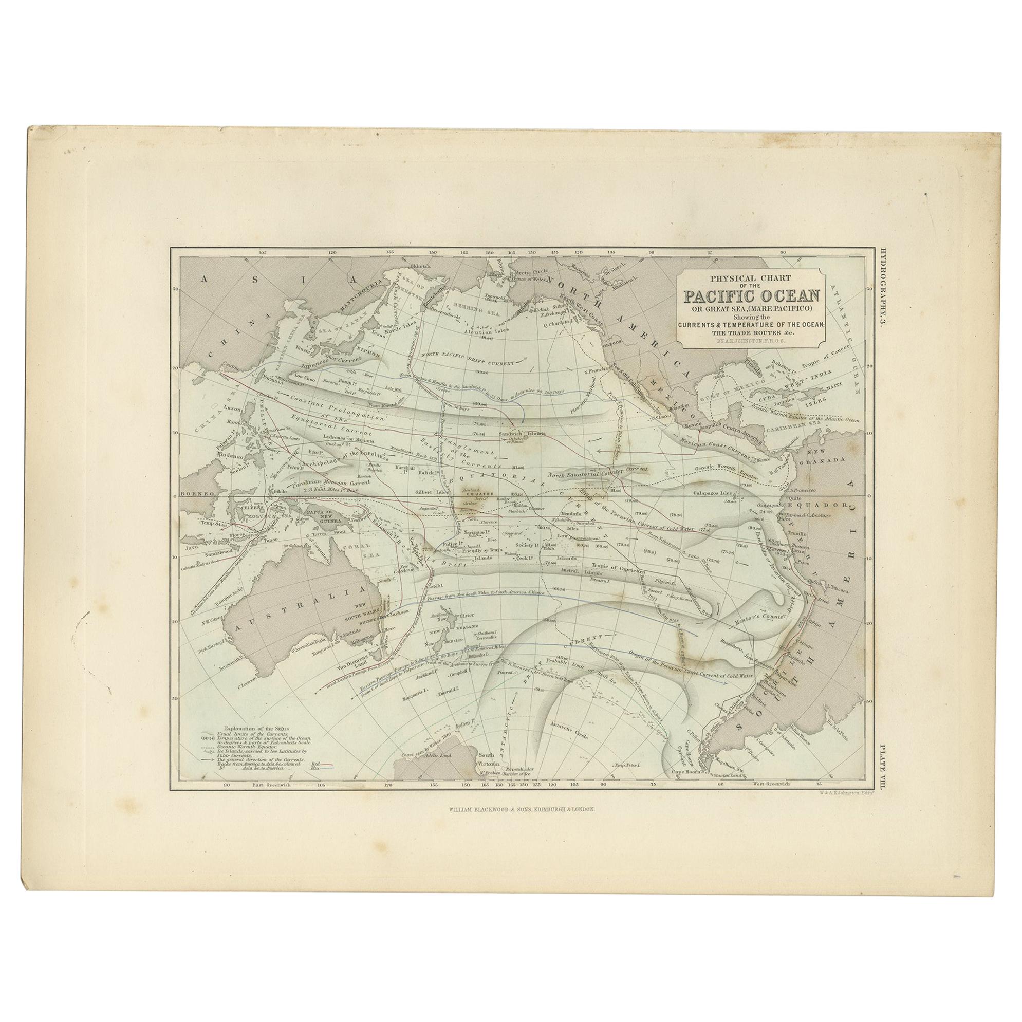 Antique Physical Chart of the Pacific Ocean by Johnston, '1850' For Sale