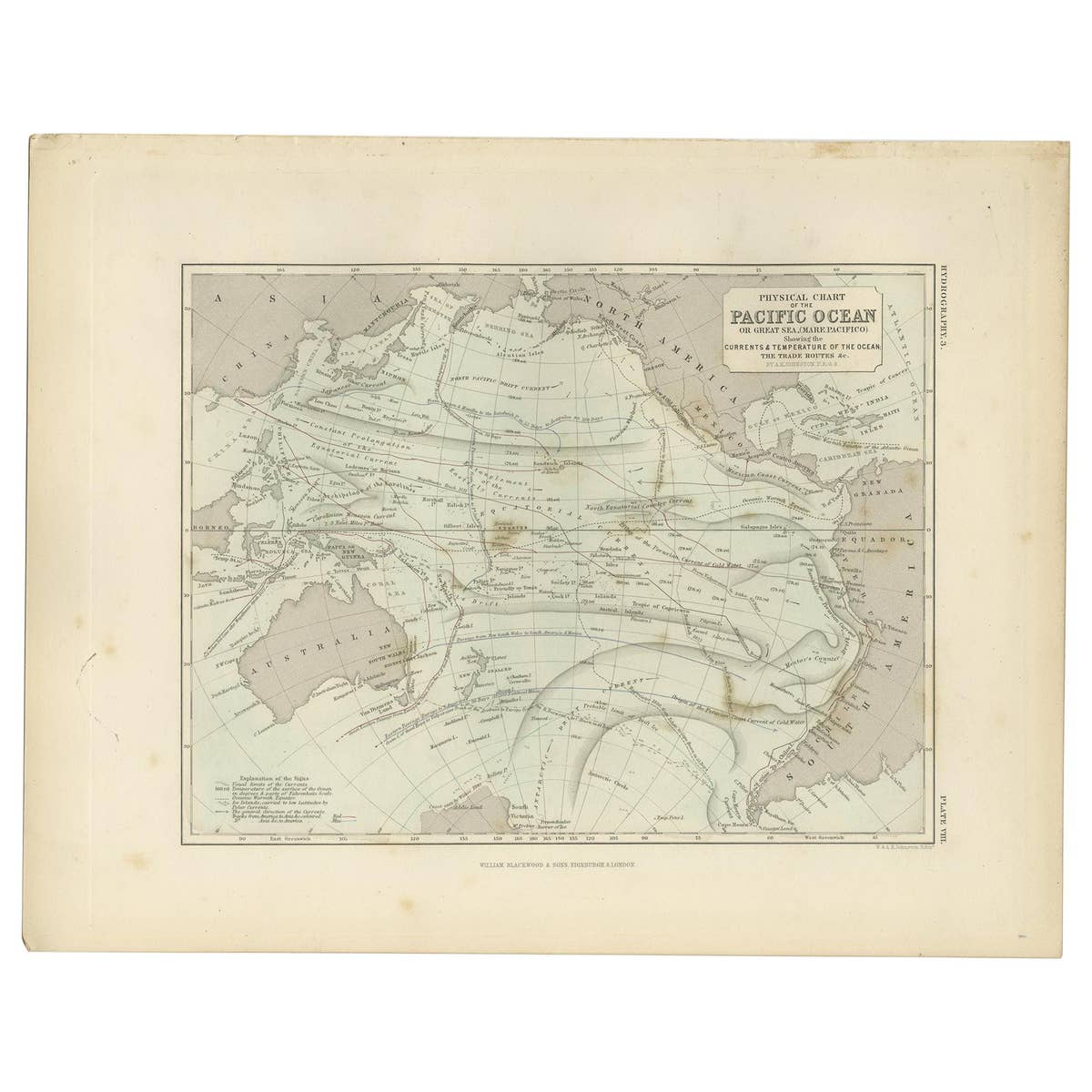 Antique Physical Chart of the Pacific Ocean by Johnston, '1850'
