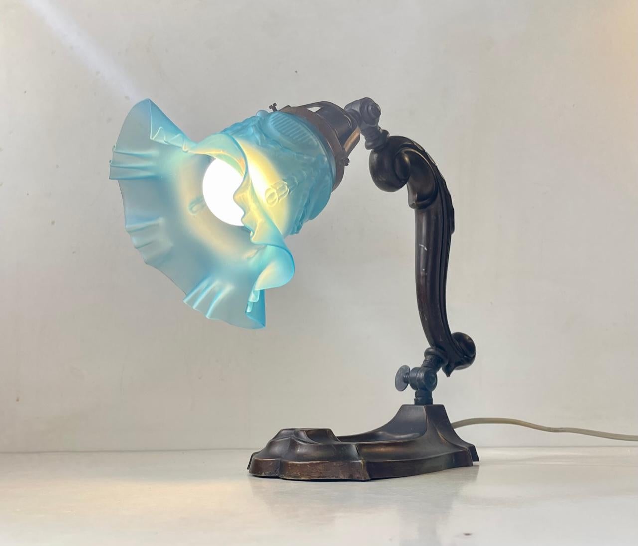 Antique Piano or Table Lamp in Bronze & Blue Glass, 1920s For Sale 6