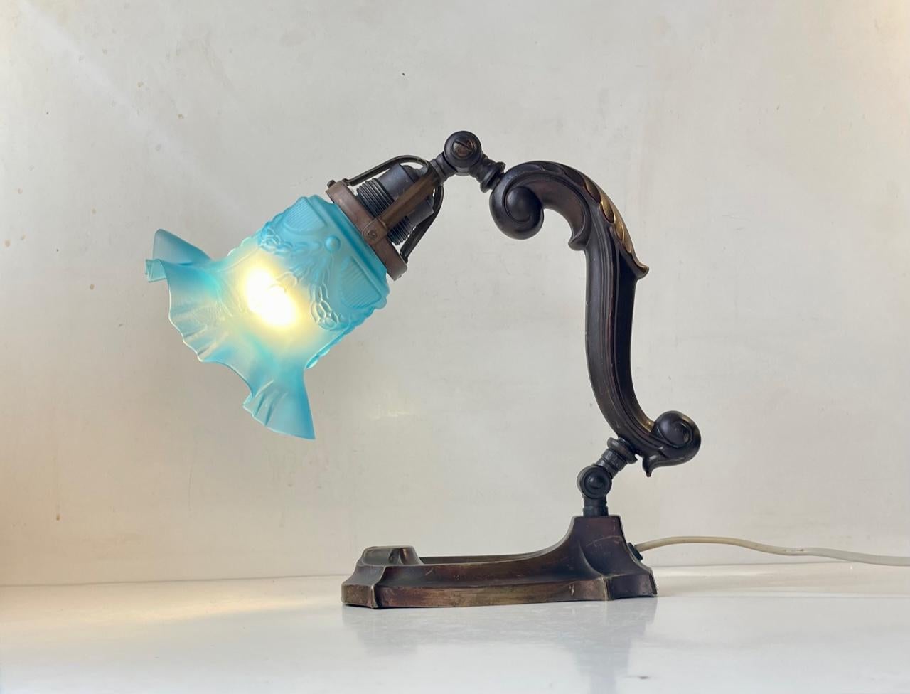 Art Nouveau Antique Piano or Table Lamp in Bronze & Blue Glass, 1920s For Sale