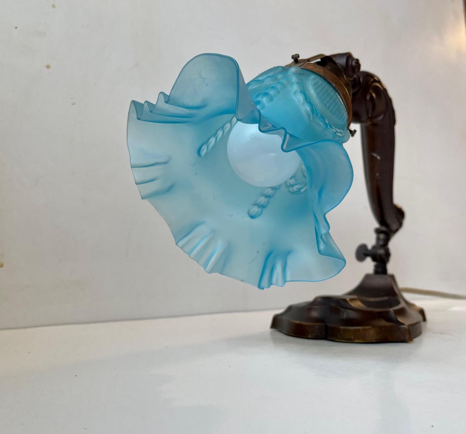 European Antique Piano or Table Lamp in Bronze & Blue Glass, 1920s For Sale