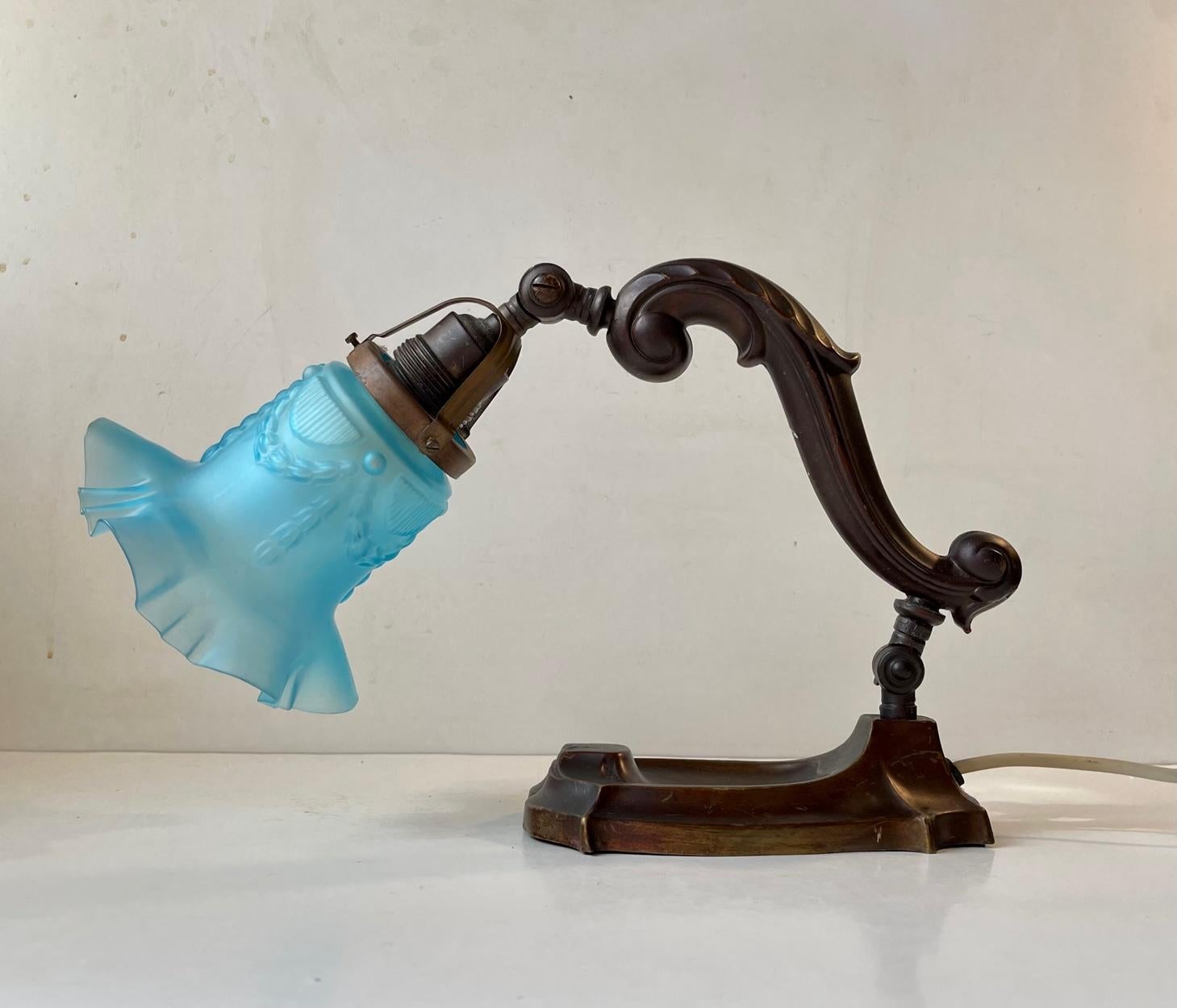 Antique Piano or Table Lamp in Bronze & Blue Glass, 1920s In Good Condition For Sale In Esbjerg, DK