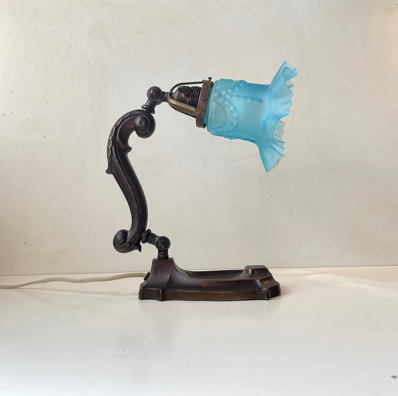 Early 20th Century Antique Piano or Table Lamp in Bronze & Blue Glass, 1920s For Sale