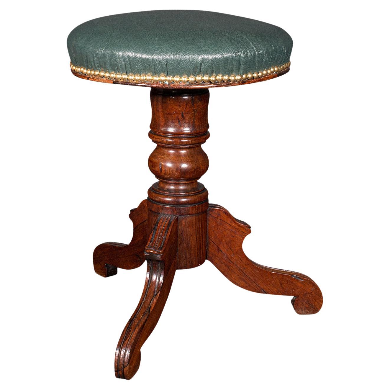 Tabouret de piano ancien anglais, cuir, Récital, habillage, victorien, 1850 en vente