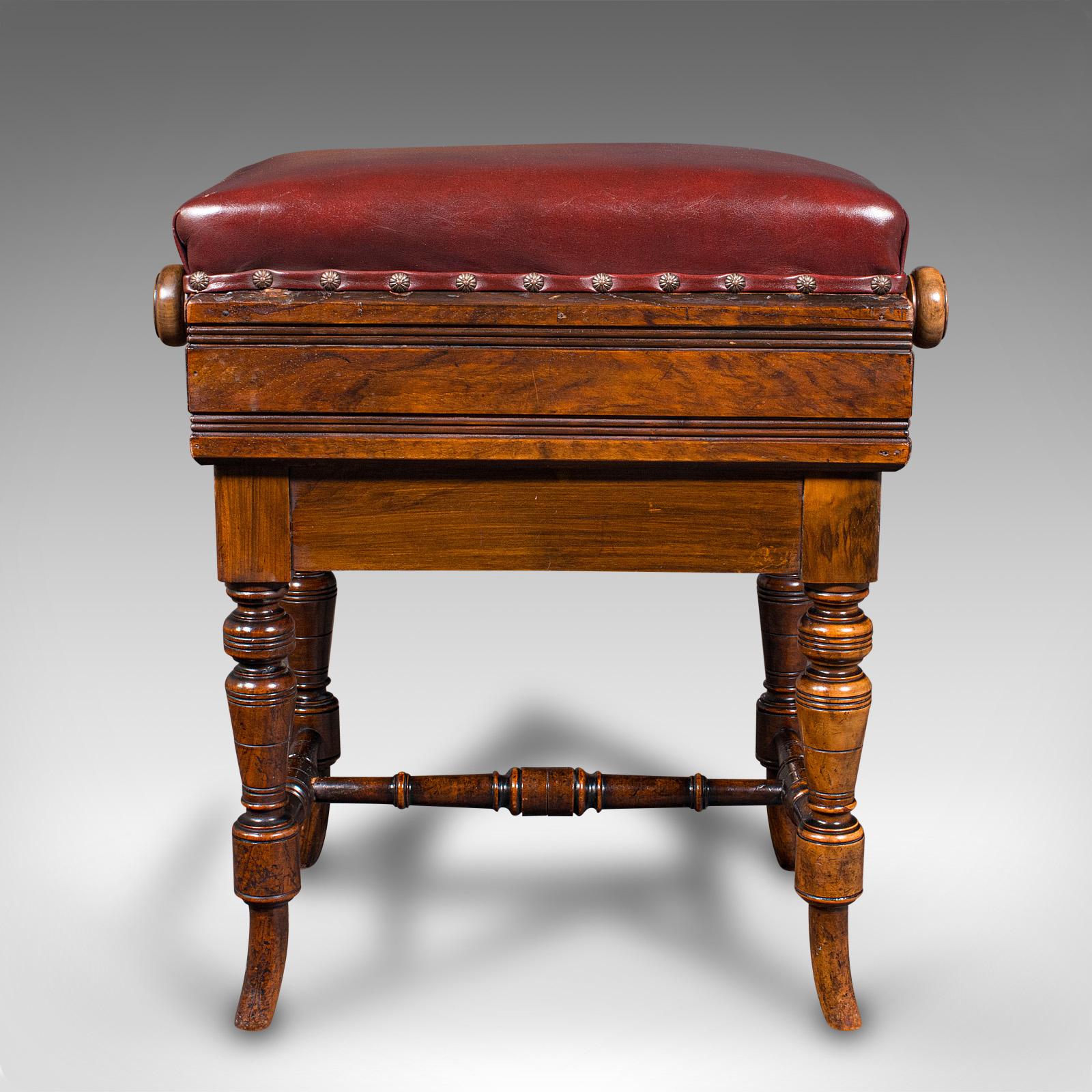 This is an antique piano stool. An English, walnut and leather adjustable music or recital riser by Brooks Limited, dating to the Victorian period, circa 1880.

Of superb craftsmanship and Victorian appeal
Displays a desirable aged patina and in