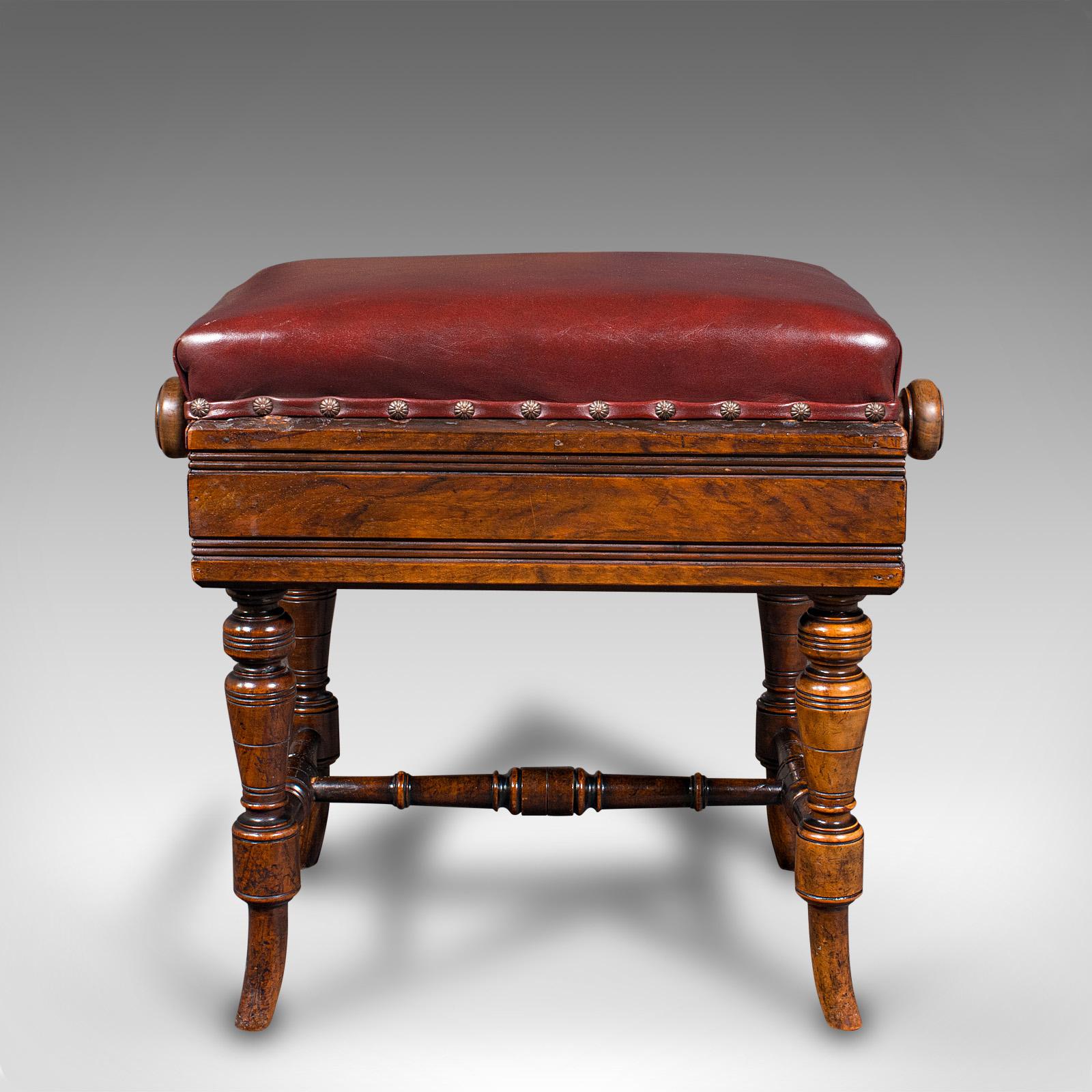 British Antique Piano Stool, English, Walnut, Adjustable Music Riser, Brooks, Victorian For Sale