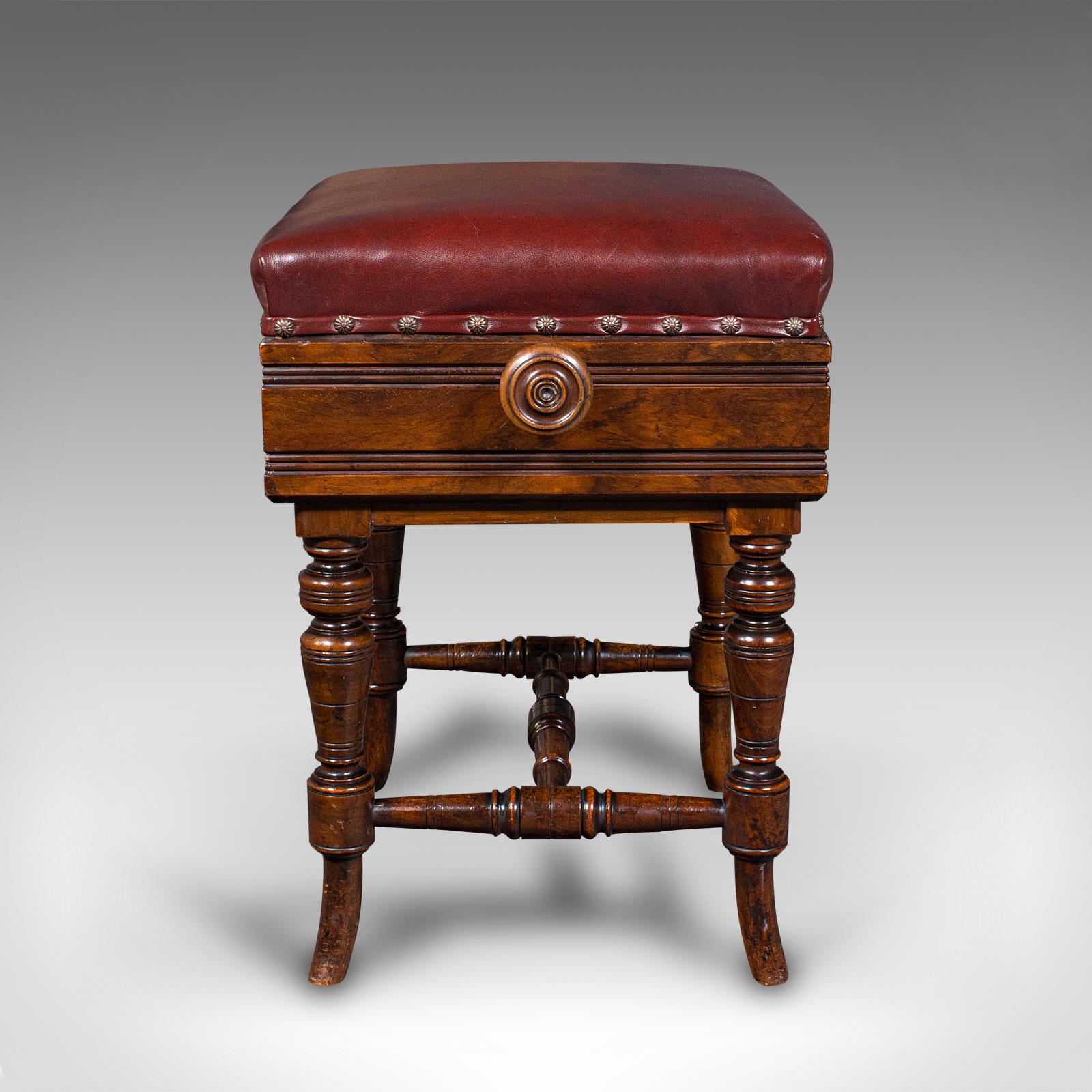 British Antique Piano Stool, English, Walnut, Adjustable Music Riser, Brooks, Victorian For Sale