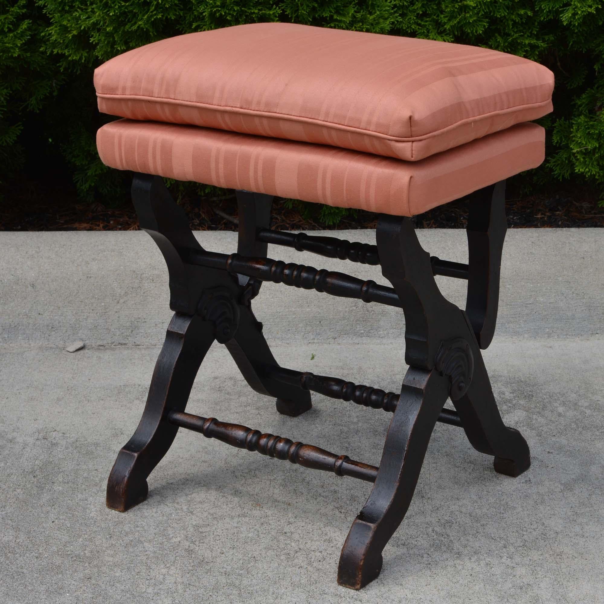 Antique Piano Stool Upholstered with Black Painted Legs 2