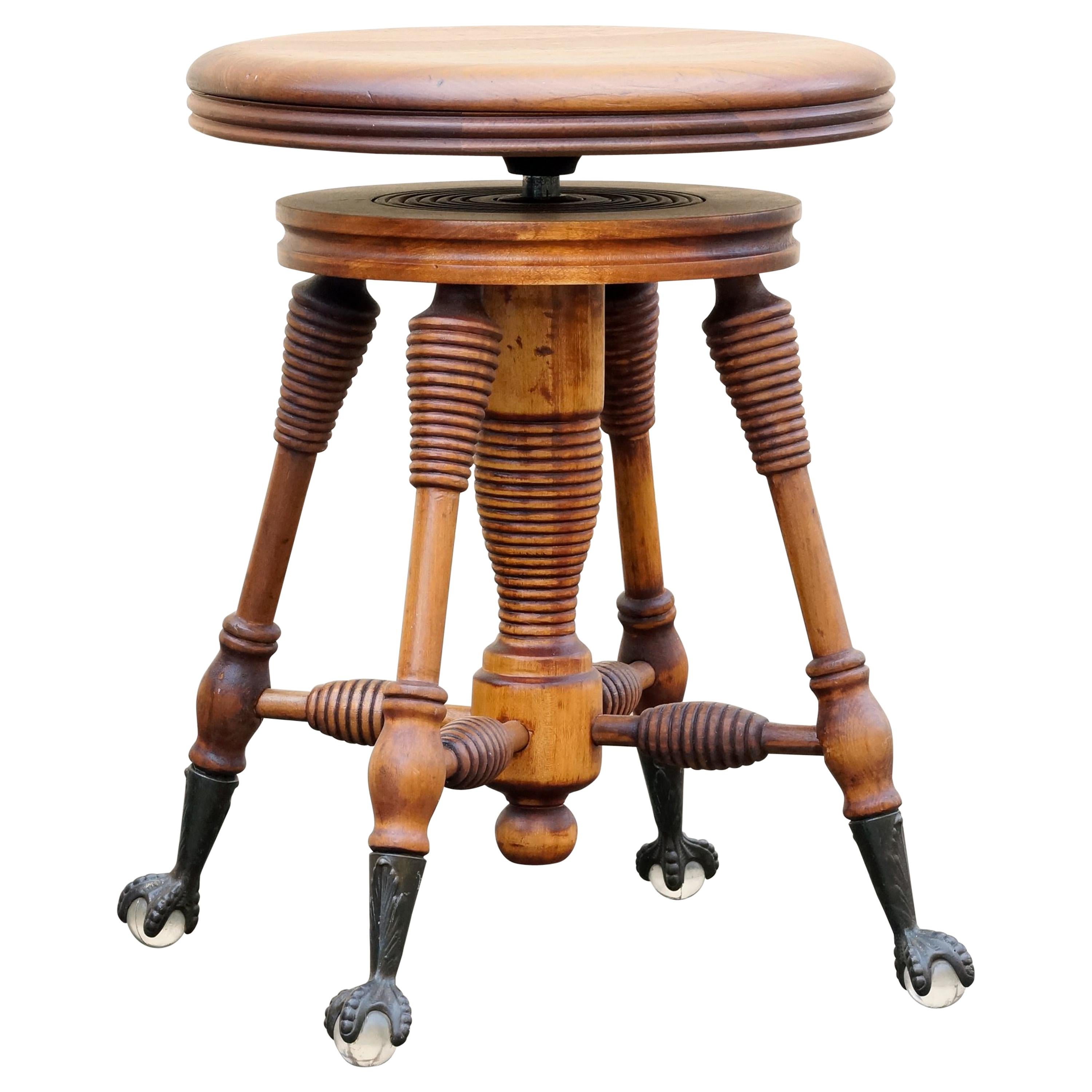 Antique Piano Stool with Claw and Glass Ball Foot