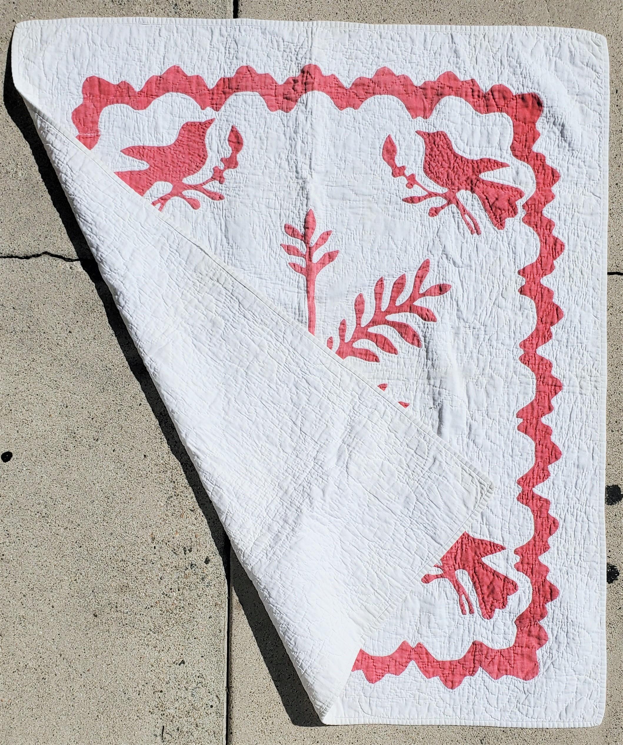 This amazing pictorial 19thc turkey red crib quilt has appliqued birds and a funky tree in the center. It was found in New Hampshire and is in fine condition. Overall lighting in the turkey red evenly through out the quilt.