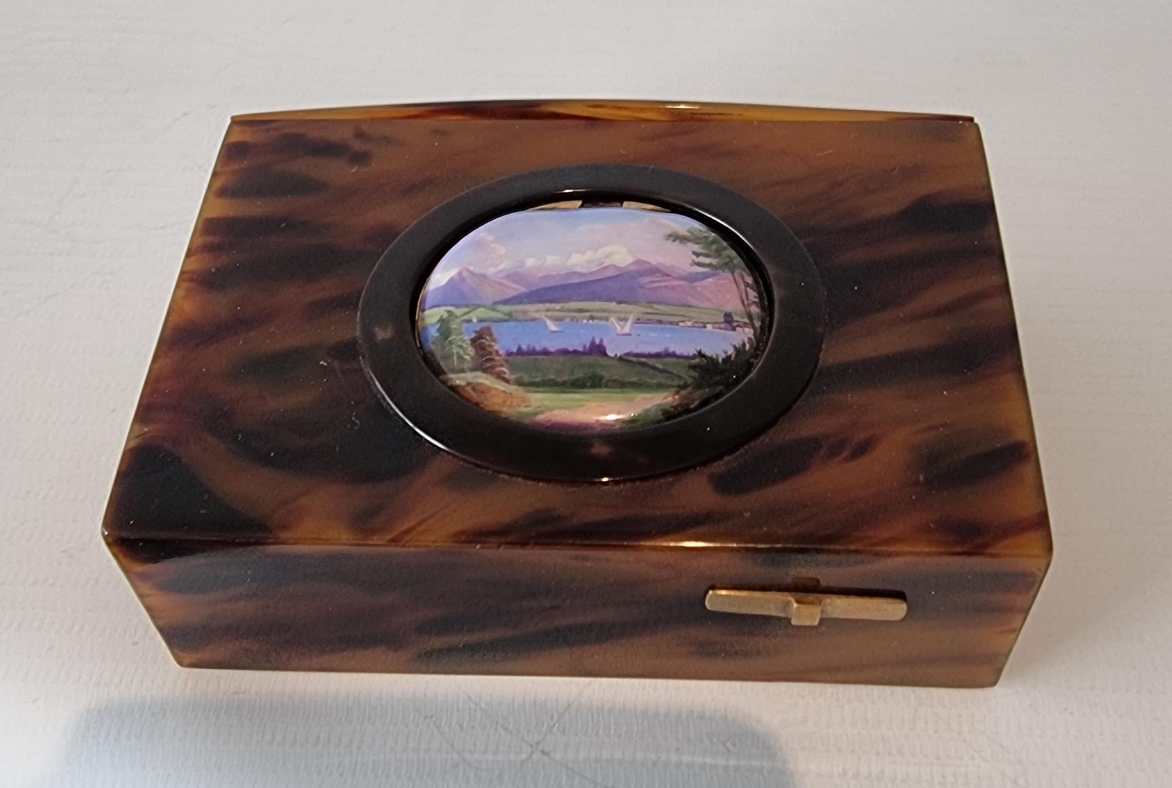 A fine antique pictorial enamel and underbelly-cut tortoiseshell singing bird box,

Circa 1910,

Going-barrel movement,

Soft streaks of light throughout this fabulous case...

When wound and start/stop slide moved to the right, the bird emerges